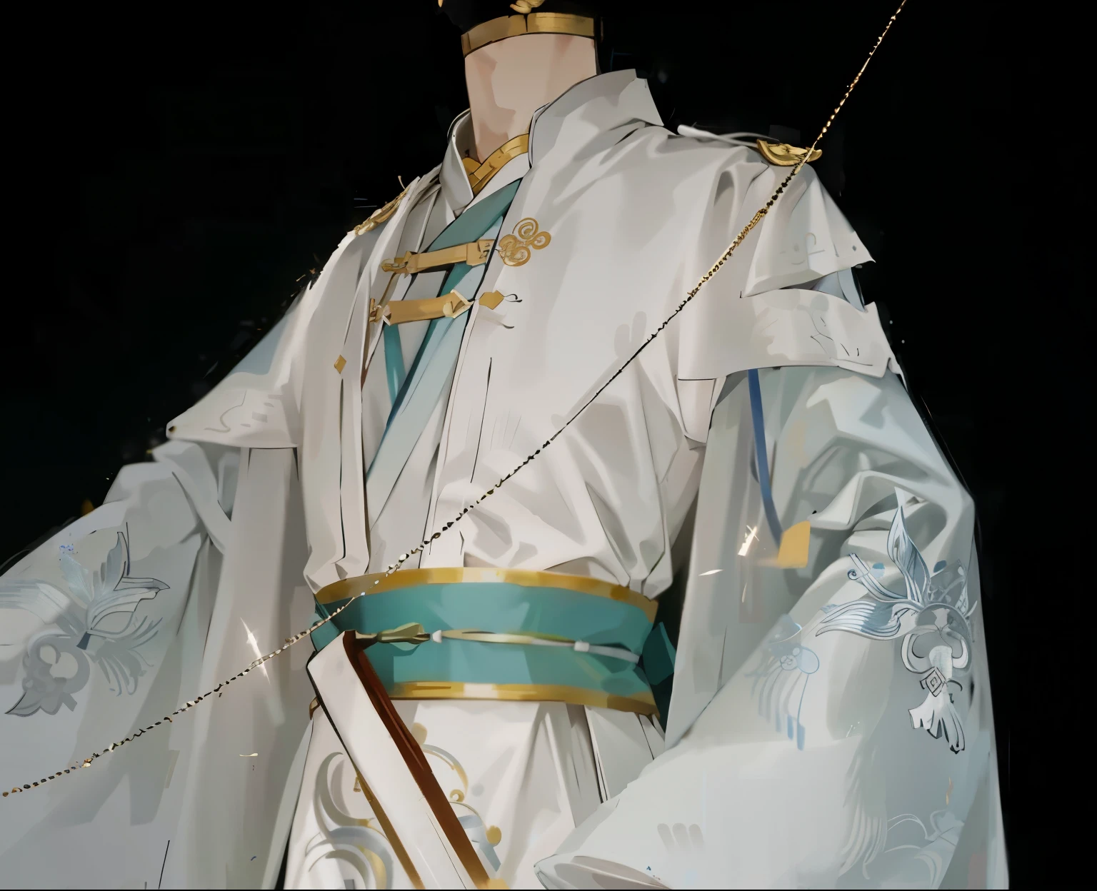 The Arafade figure wears a white robe and a blue sash., classic blazer, White clothes and teal, flowing white coat, white hanfu, White Daoist Robe, Cloak with gold letters, Wear a flowing robe., hanfu, gold white robe, Luxury clothes of the Imperial Family, Wear traditional Chinese clothing, White coat with gold accents, detailed photo, Traditional Chinese Clothing