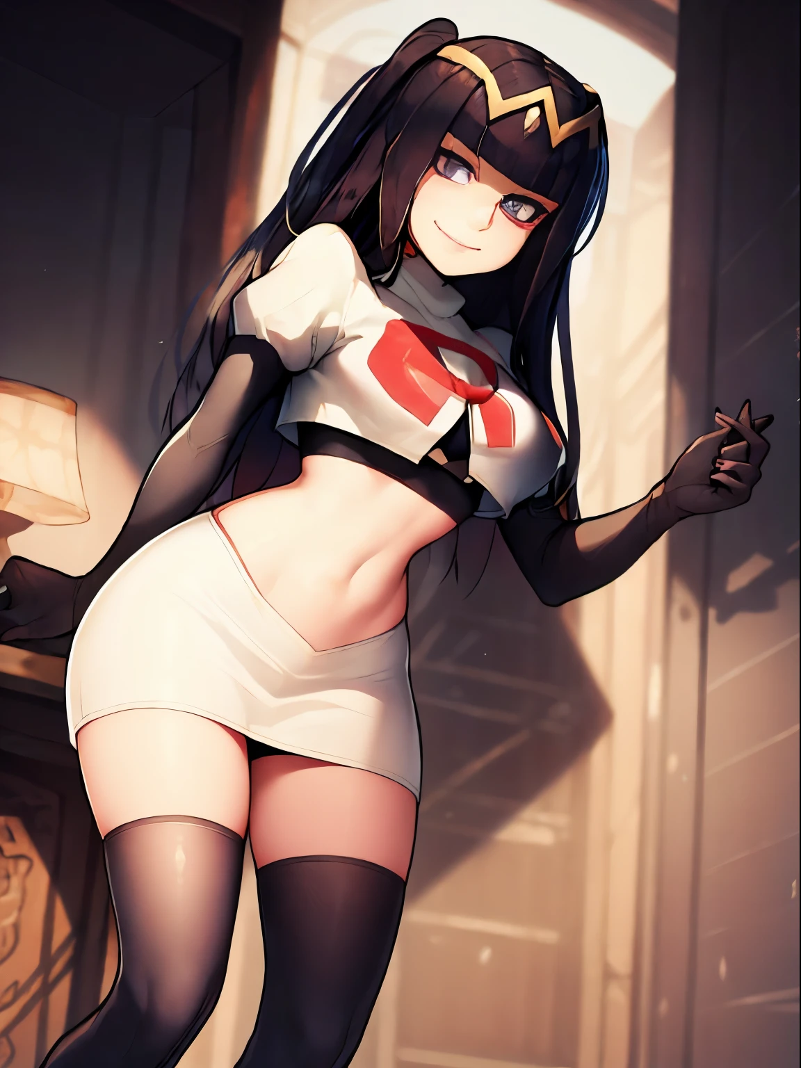 tharja, team rocket, team rocket uniform, red letter R, white skirt, white crop top, black thigh-high boots, black elbow gloves, looking at viewer, evil smile