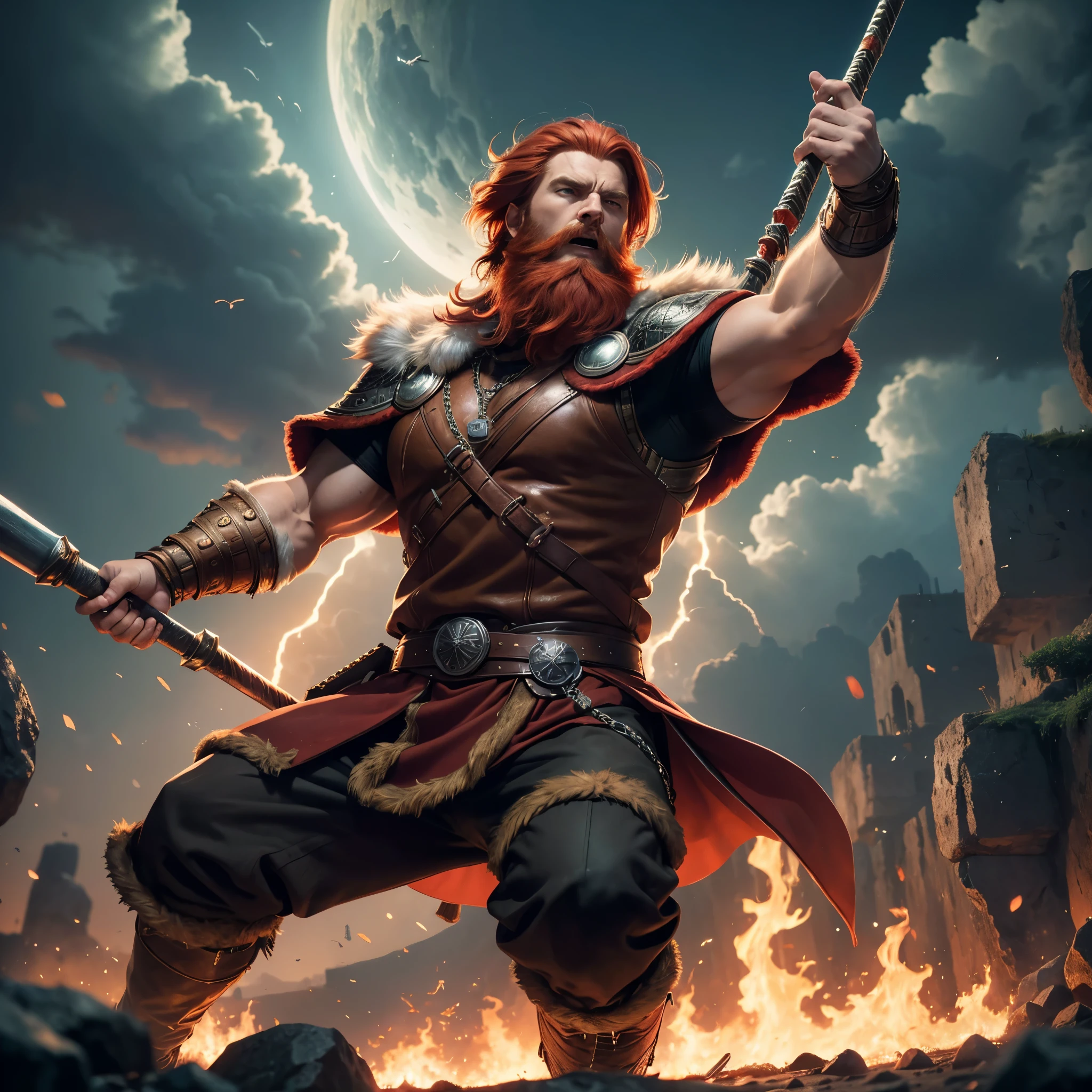 (best quality,4k,8k,highres,masterpiece:1.2),ultra-detailed, 1man, Norse god Thor, red hair, red beard, wearing furs, brown trousers, brown heavy fur cape, chain mail shirt, raging eyes, victorious pose, wielding a hammer, drawn in the style of Yoshitaka Amano, HDR, 8k, absurdres, cinestill 800, sharp focus