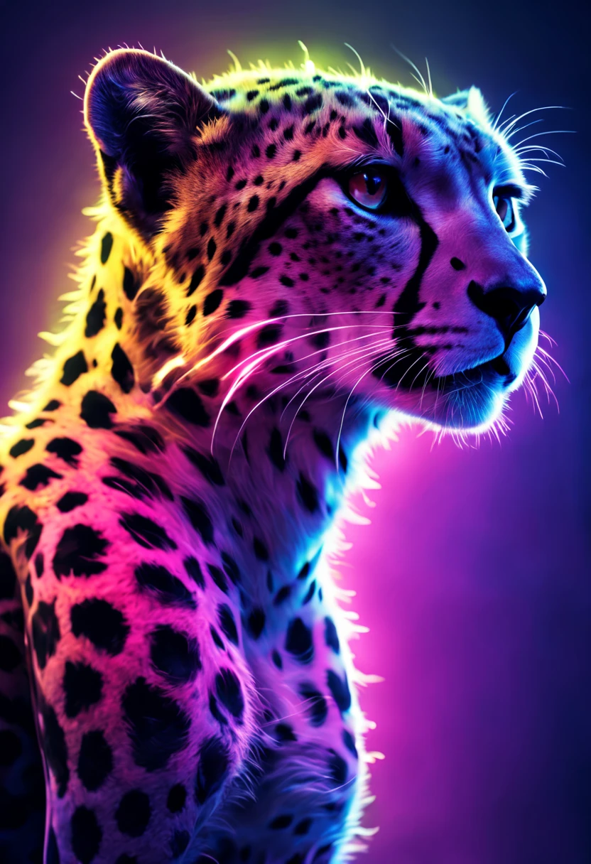 Ultra detailed illustration of the silhouette of a cheetah, phantasmagorical figure, (((translucent skin:1.5))), (((translucent body:1.5))), neon lights, light particles, colorful, cmyk colors, backlit, cyberpunk