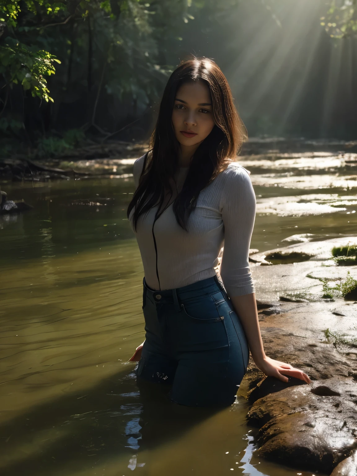 (Best Quality,4k,hight resolution,Realistic),Portrait,The girl plunged into a deep muddy swamp,her jeans are soaked with a thick layer of sticky mud,wild and creepy environment,dark and mysterious,foggy atmosphere,soft-lighting,Vivid colors,Reflection in the swamp,restless and vulnerable