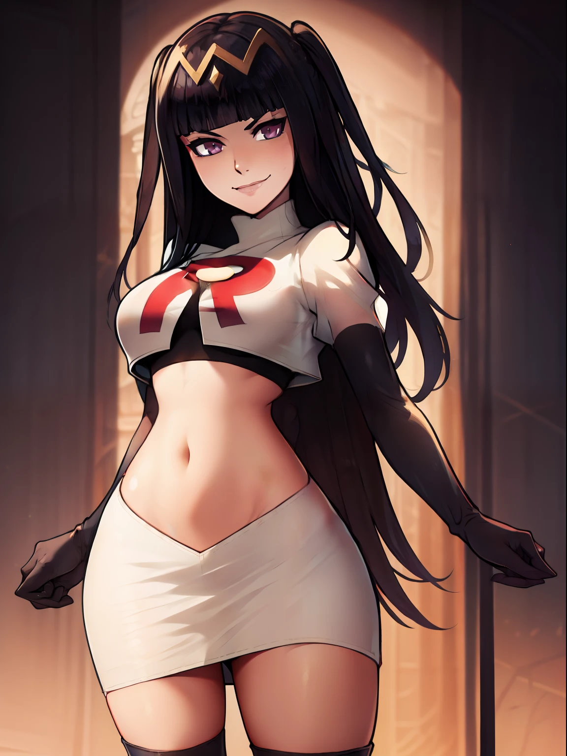 tharja, team rocket, team rocket uniform, red letter R, white skirt, white crop top, black thigh-high boots, black elbow gloves, looking at viewer, evil smile