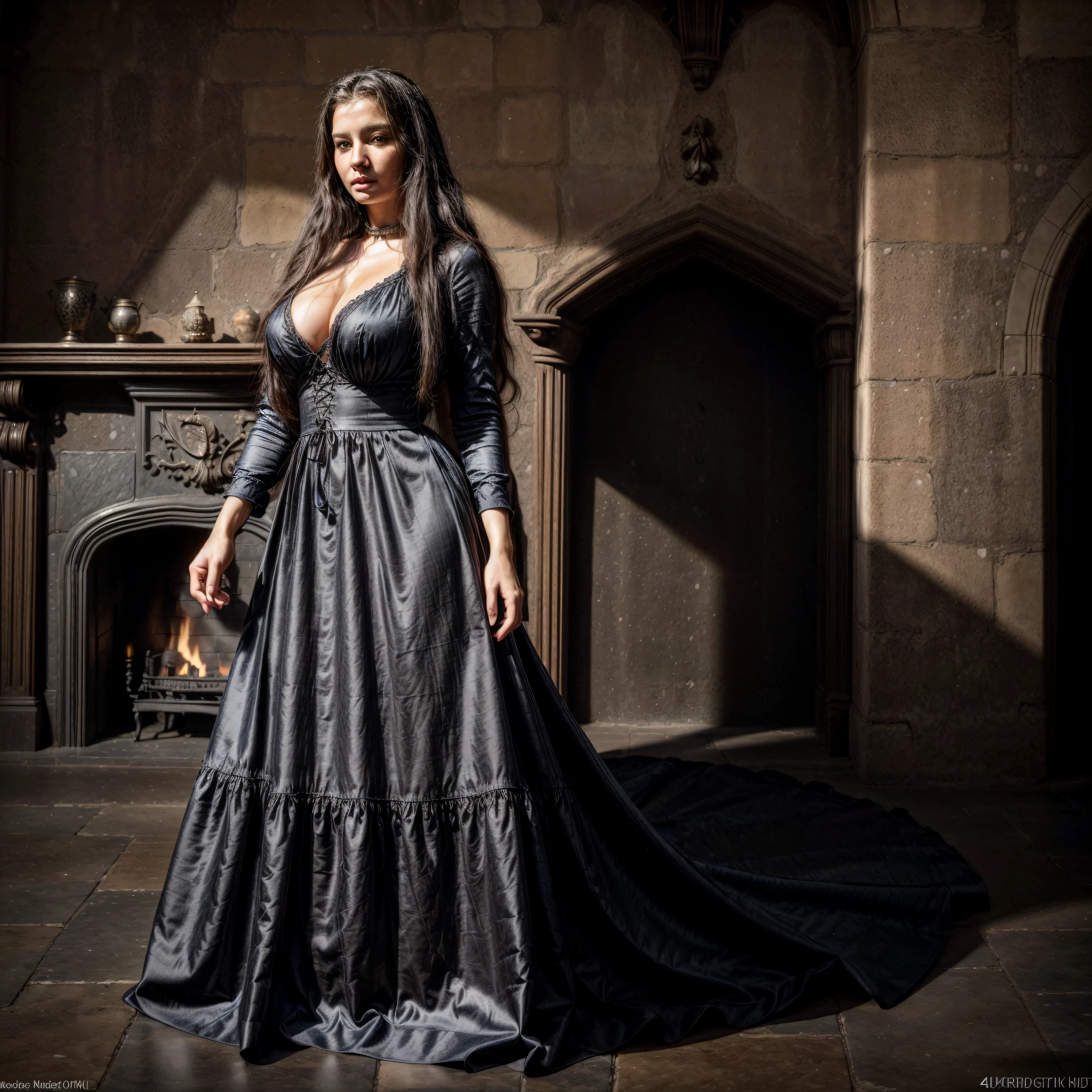(best quality,4k,8k,highres,masterpiece:1.2),ultra-detailed,(realistic,photorealistic,photo-realistic:1.37),long black hair,fair skin,blue eyes,curvy, busty, silk dress,jewels,fantasy,portraits,vivid colors,soft lighting, she is standing in the medieval room with behind her a stone fire place.