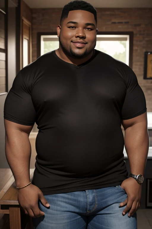 handsome and beautiful overweight African American men, tall, black brown skin tone, smirking with short brown hair half body shot wearing a black t-shirt and jeans