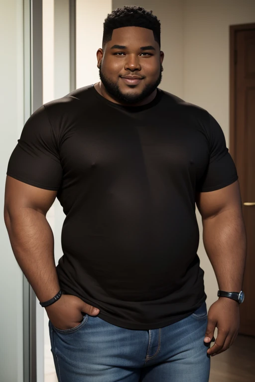 handsome and beautiful overweight African American men, tall, black brown skin tone, smirking with short brown hair half body shot wearing a black t-shirt and jeans