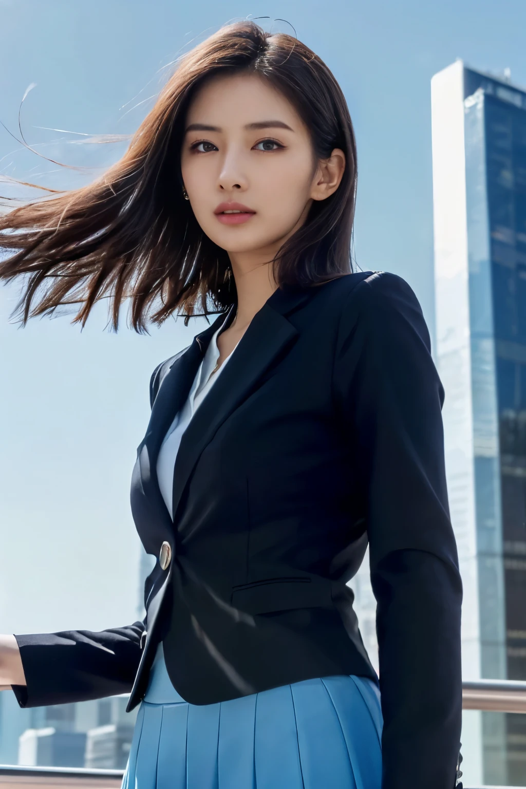 ((masutepiece:1.4, Best Quality)), (photos realistic:1.4),
((1girl in)), Lustrous black hair, Hair that flutters in the wind,
(超A high resolution:1.2), Extremely delicate and beautiful, amazing,
the Extremely Detailed CG Unity 8K Wallpapers, Ultra-detailed, High resolution, Soft light,
Beautiful detailed girl, extremely detailed eye and face, beautiful detailed nose, Beautiful detailed eyes,
(Dark blue business suit, skirt by the:1.4),
Cinematic lighting, Perfect Anatomy, Slender body, slender long legs, Taut,
(Glass-walled skyscrapers:1.3), (sunny winter blue sky:1.4), (Beautiful form with an inorganic atmosphere),
cool expression, Cowboy Shot