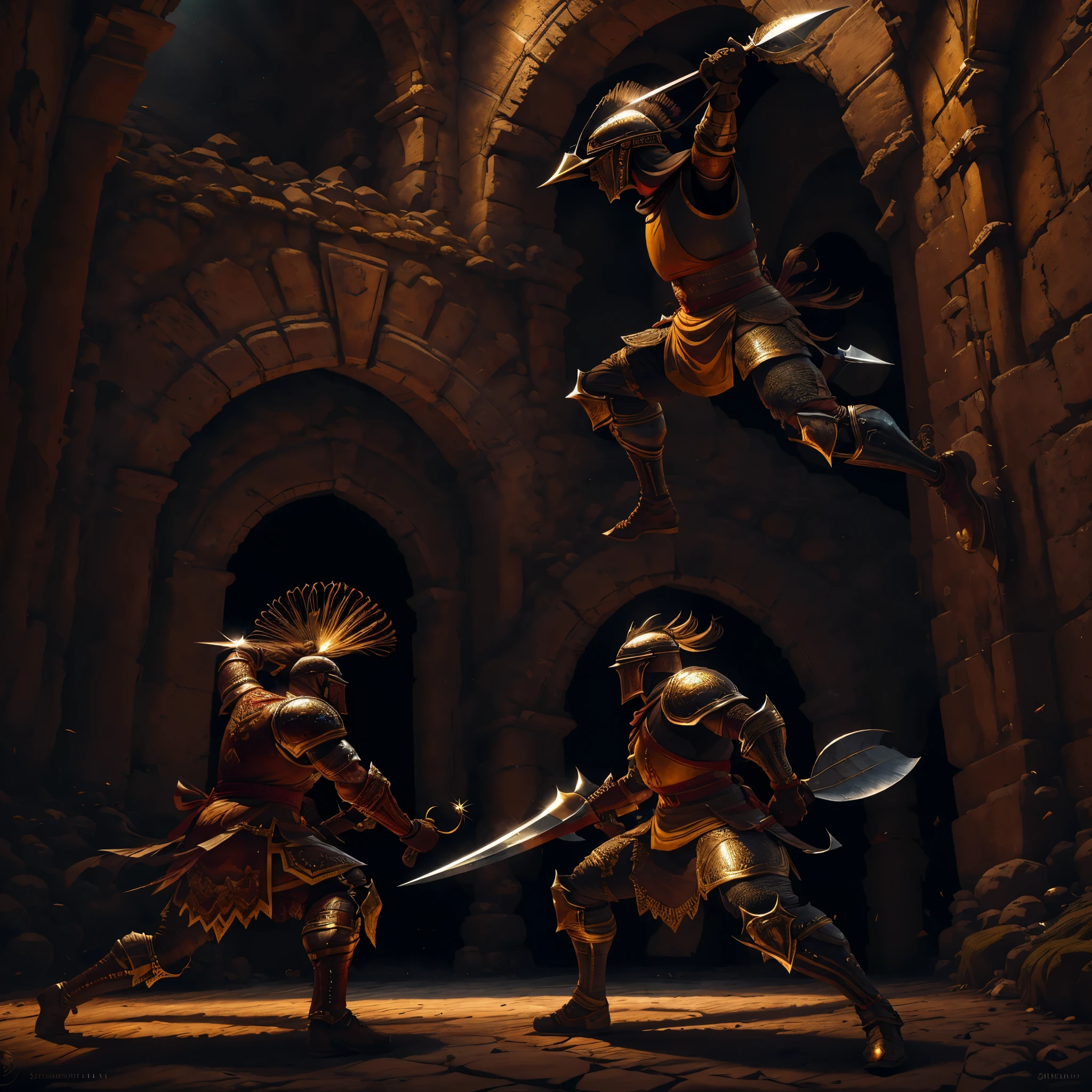 (8k), Ultra resolution 8K, Stunning obra maestra,Fuera de un guerrero samurai , Powerful Hero, Warrior Prince,Traje de samurai Athletic Body samurai, armadura muy bien detallada,((sostiene una gran espada)), cinematic lighting,action pose, agregar efecto al final,Mythical background,agresividad en cada movimiento,Quick Reflexes,sudor en la frente,luces brillantes,high voltage,intense action,acrobacias asombrosas,ruinas antiguas,vestimenta de gladiador,glamour oscuro,tonos vibrantes,epic.