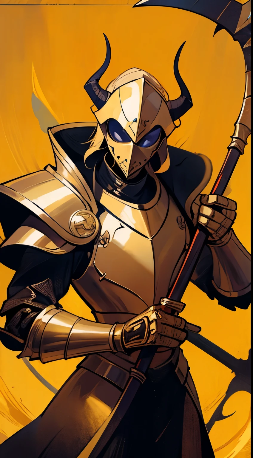 demon male, Golden Leather, Four hands, Gold armor, helmet with huge horns, Scythe in hand