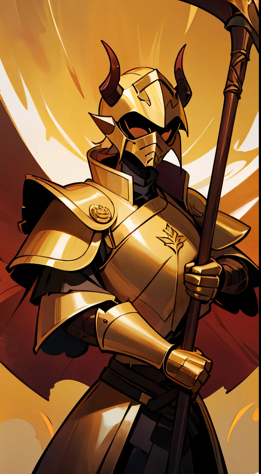 ember, Golden Leather, Four hands, gold Armor, helmet with huge horns, Scythe in hand