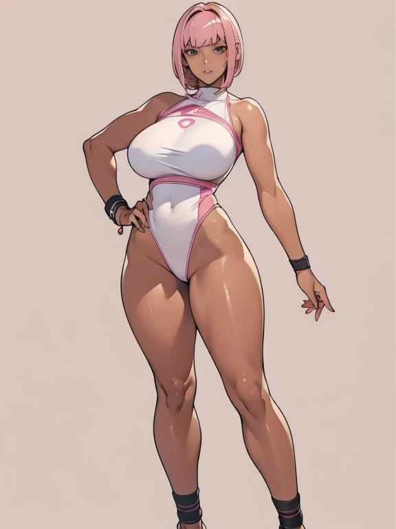 Female original character reference sheet adoptable, pink hair, (short bangs hair:1.36), detailed brown eyes, narrow waist, depth of field, 1girl, (on a   background:1.3), (full body), pose, big breasts, wide hips, athletic figure, ((thigh cutout)), (((dark skin))), oily skin,