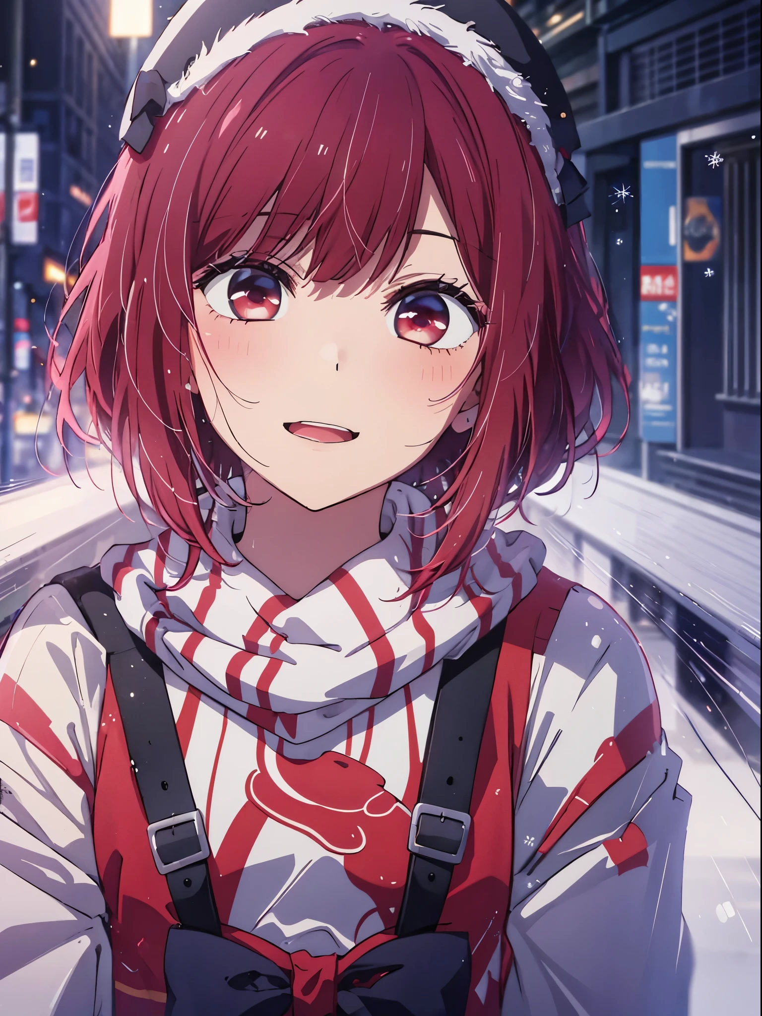 ​masterpiece、ighly detailed、(1 girl in:1.2)、Red hair、big eye、(((a closeup)))、smil、short-hair、(((anime styled)))、(((2D)))、Red Eyes、Open your mouth、(((Plain clothe)))、(((Winter clothes)))、8K、