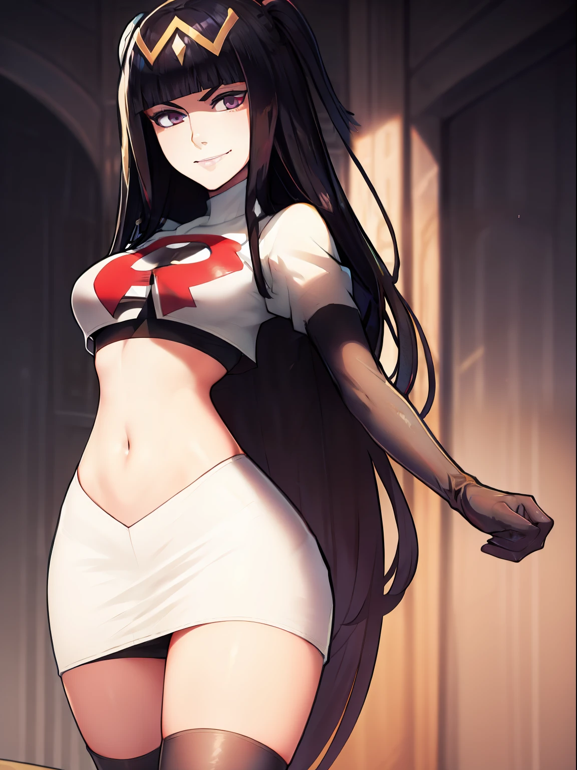 tharja, team rocket, team rocket uniform, red letter R, white skirt, white crop top, black thigh-high boots, black elbow gloves, looking at viewer, evil smile