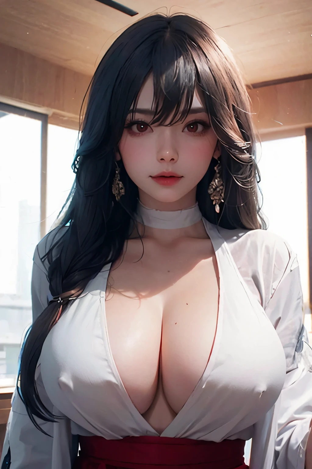 woman, clothes white, big boobs, red eye, in modern house.