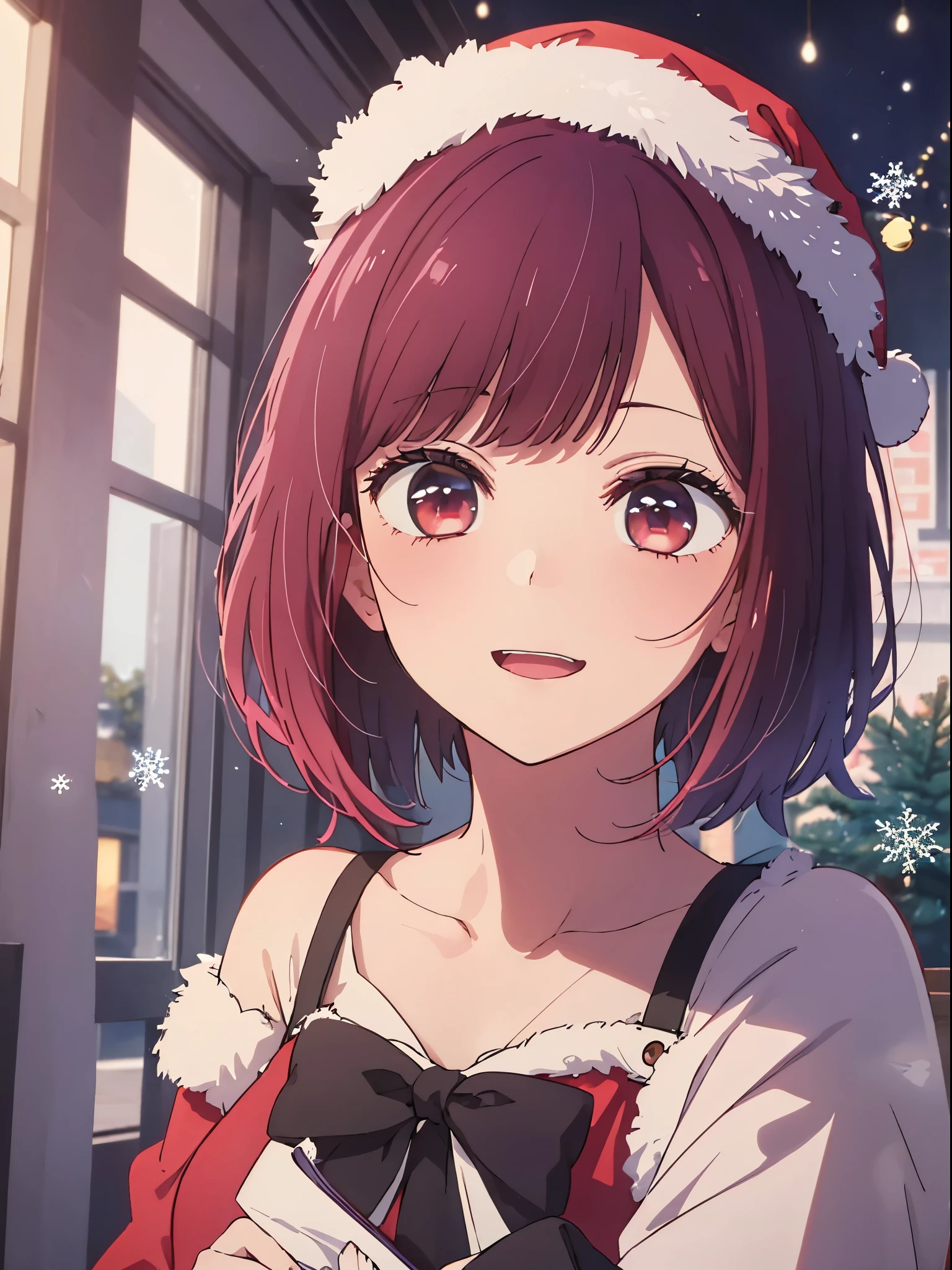 ​masterpiece、ighly detailed、(1 girl in:1.2)、Red hair、big eye、(((a closeup)))、smil、short-hair、(((anime styled)))、(((2D)))、Red Eyes、Open your mouth、(((santa )))、(((Christmas)))、8K、