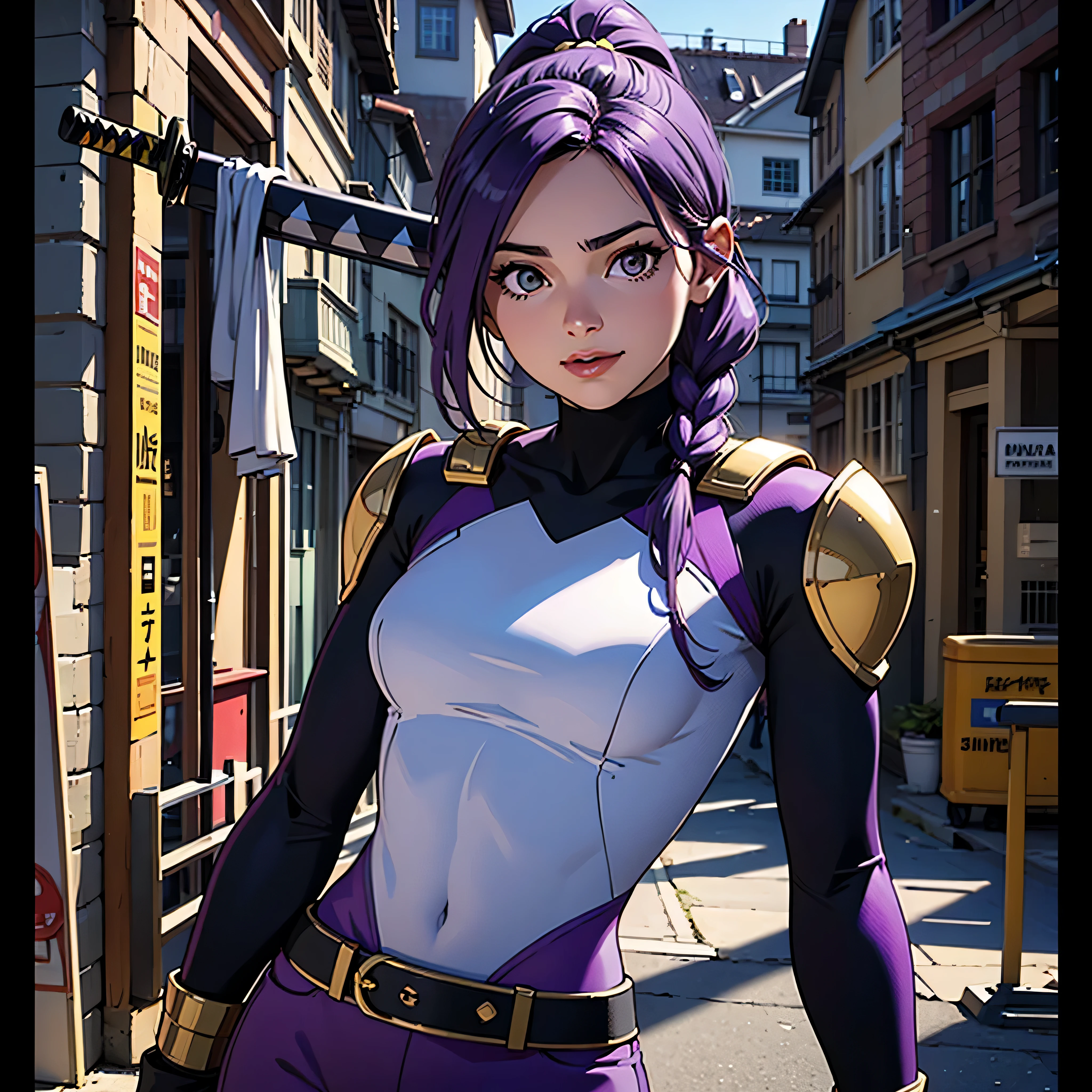 A woman with purple hair and ponytail braid in a superhero pose, Estilo Gil Elvgren, WLOP, Artgerm (((A 25-year-old woman with purple hair and ponytail braid wearing an all-purple hero outfit with yellow accents in a dynamic pose))) ((Black superhero costume)) (demons in the background of the image) ((mulher segurando uma espada Katana apontada para o espectador)) hero uniform, 1 girl, sozinho, corpo fitness, Basic color scheme, cartaz muito colorido, arte colorida, terceira regra, dinamic pose, mulher, 1 menina de 25 anos, sorrindo para o espectador, fundo desfocado, pernas grossas, olhos azuis,ELA Esta em pose de luta, RED RAYS ARE AROUND YOUR BODY, body fitness, corpo fitness, seios grandes, WLOP, Artgerm, Lejia Chan, hou china, Jeehyung Lee, profundidade de campo, detalhes intrincados, cores sutis, Fantastic kingdom, extremamente detalhado, focus ultra sharp, light particles, attention to detail, vasto mundo aberto, grandeur and admiration, cinemactic, Obra prima visual impressionante, double-exposure, fotorrealista, cinematographic scene, mais alta qualidade, 32k, octane rendering, ((dinamic pose))