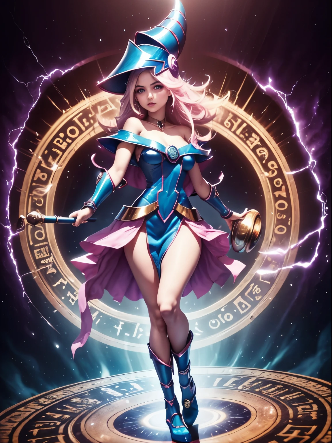 ultra-detallado, extremadamente detallado, obra maestra, sthe highest qualit, la mejor calidad, absurdos, highres, dark magician girl, (1girl: 1.2), solo, cara detallada, dynamic  pose, flujo de cabello, (cuerpo completo: 1.1), cabello rubio, cabello largo, mirando al espectador, ojos verdes, skindentation, piel detallada, poros de la piel, (piel brillante, piel brillante: 1.1), detalles de piel rosada, senos, toenail polish, falda, calzado azul, sombrero azul, sombrero de mago,  varita, holding hat, (bragas azules: 0.9), (summoning circle: 1.1), hexagrama, pentacle, pentagrama, yu-gi-oh!, monstruo de duelo, Purple Magic Field, resplandor, fondo detallado, fondo intrincado, Pose sujestiva y sensual