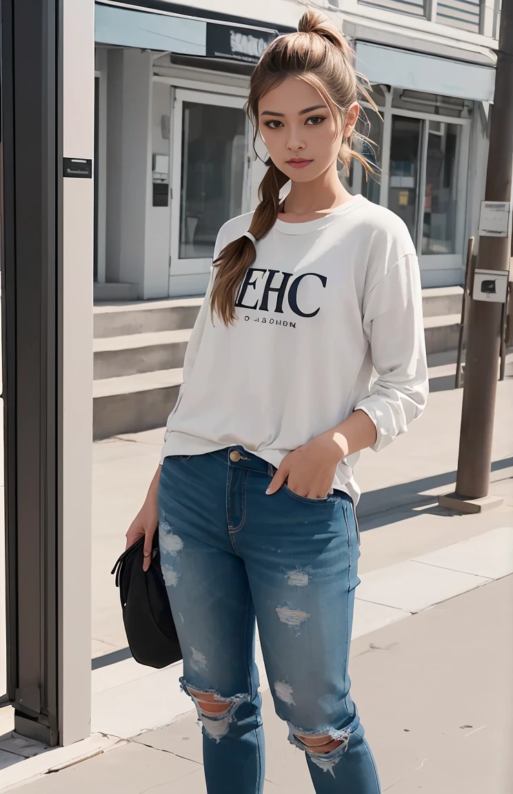 (8k, RAW photo, highest quality),(epic realistic:1.5), a girl, dynamic posture,erotic face,shirt,(detailed eyes:0.8),(looking at the camera:1.4), (highest quality), (best shadow),intricate details,cinematic,((skin:1.4)),interior, (long ponytail ginger hair:1.3),dark studio,(hdr:1.5),detailed, muted colors, freckles