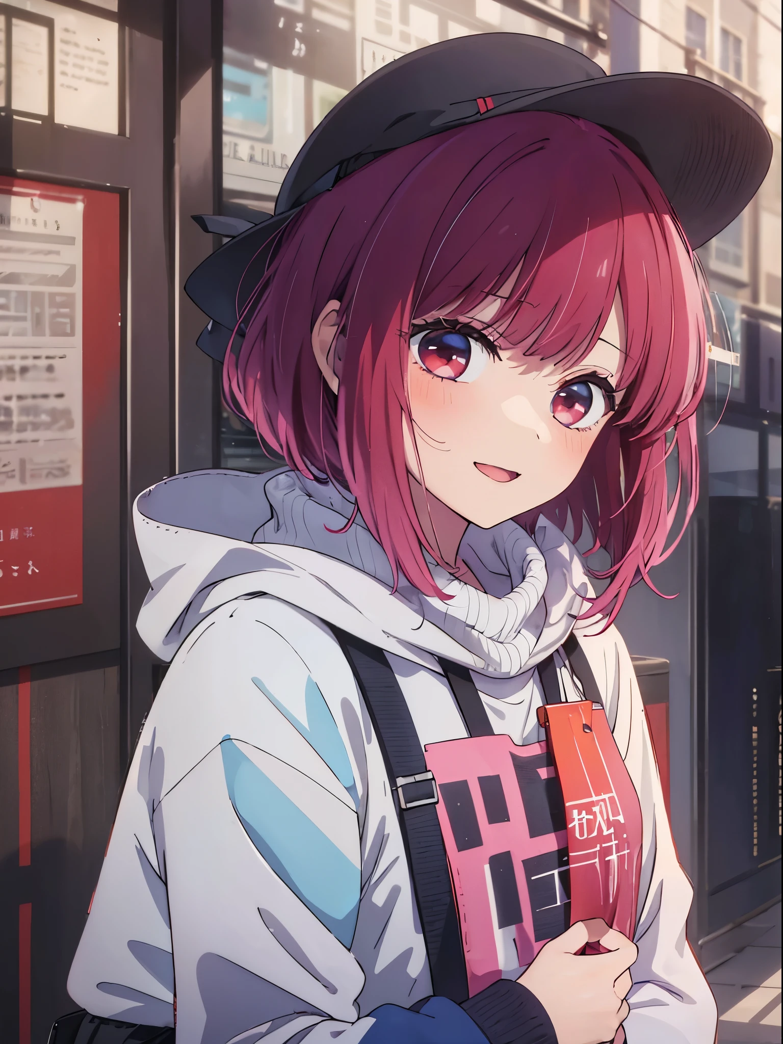 masterpiece、ighly detailed、(1 girl in:1.2)、Red hair、big eye、(((a closeup)))、smil、short-hair、(((anime styled)))、(((2D)))、Red Eyes、Open your mouth、(((Plain clothe)))、(((Winter clothes)))、8K、