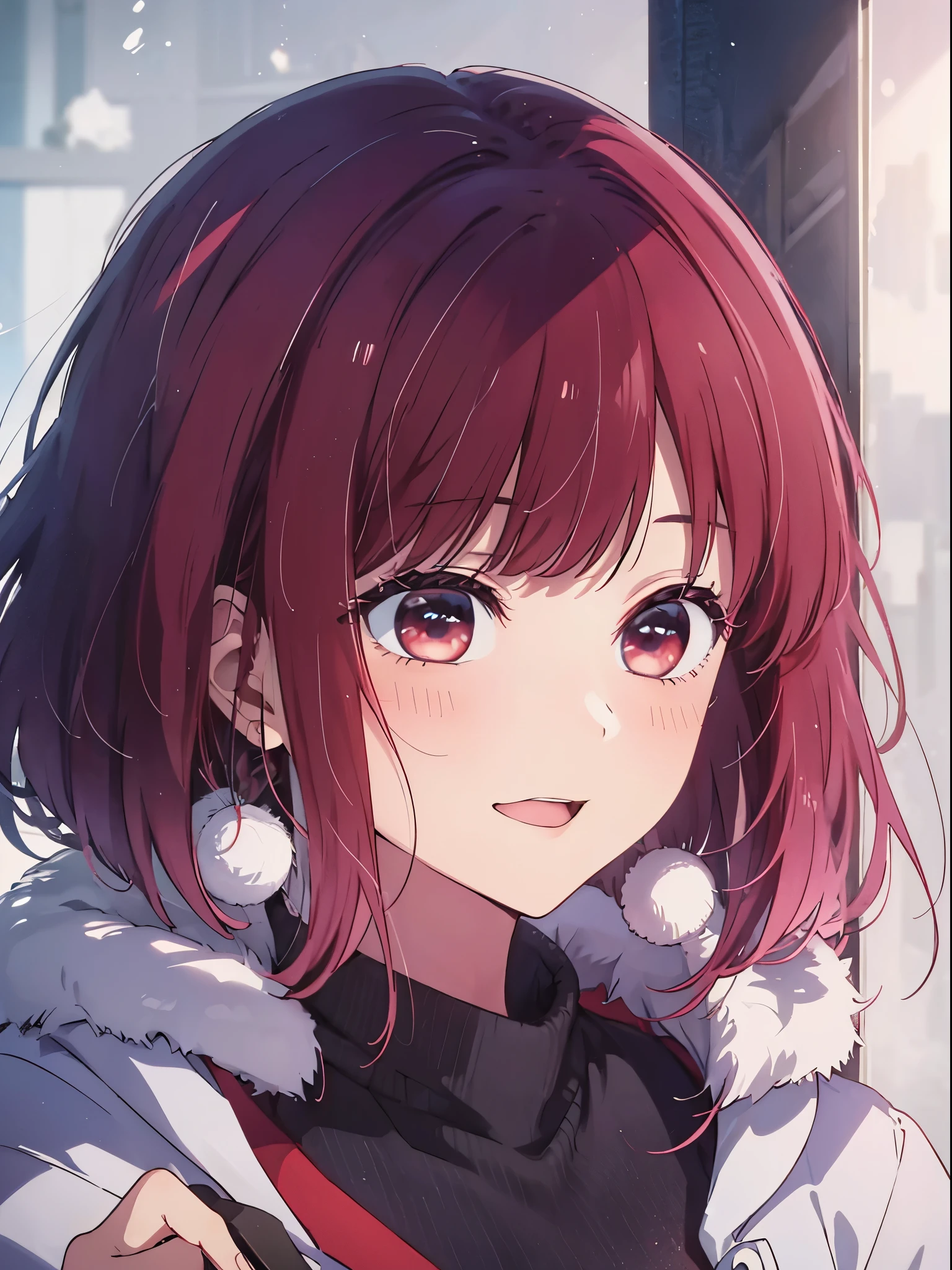 ​masterpiece、ighly detailed、(1 girl in:1.2)、Red hair、big eye、(((a closeup)))、smil、short-hair、(((anime styled)))、(((2D)))、Red Eyes、Open your mouth、(((Plain clothe)))、(((Winter clothes)))、8K、