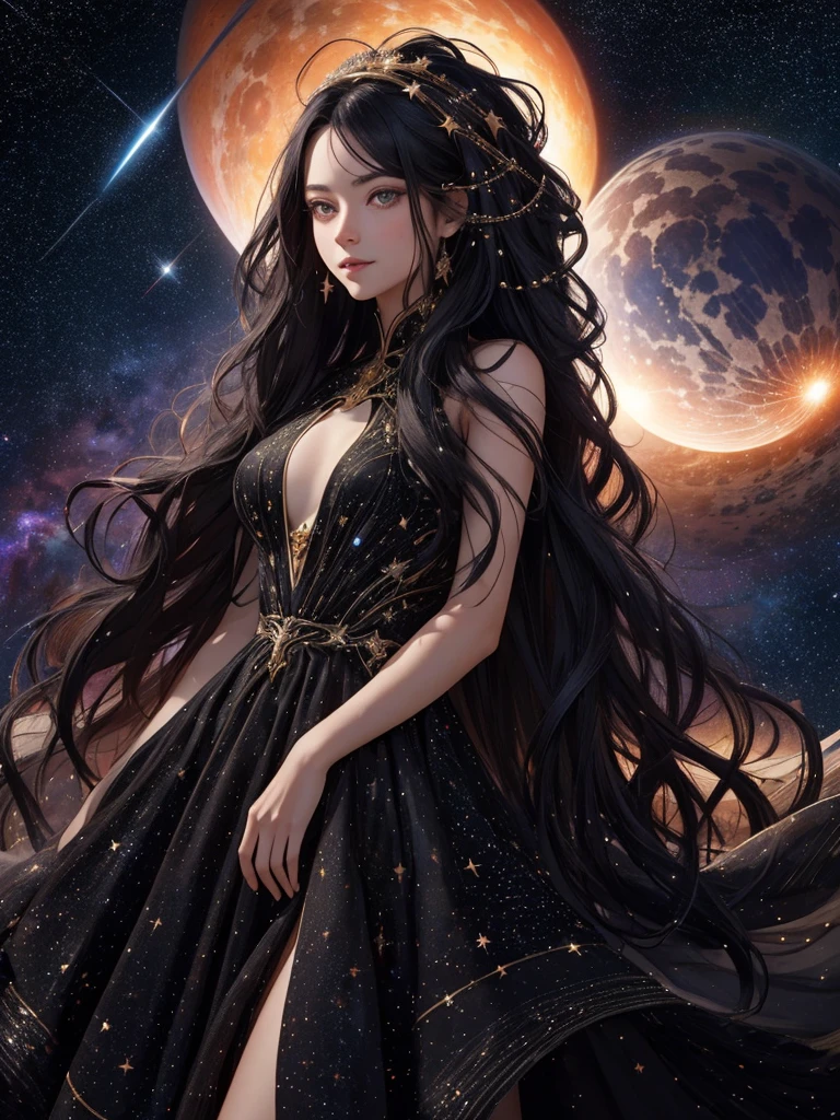 Photorealistic incredibly beautiful girl with long flowing black wavy hair, amber eyes, wearing a dress made of stars, standing in the middle of a galaxy, surrounded by stars
