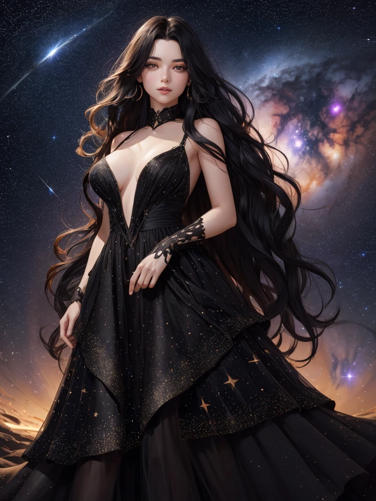 Photorealistic incredibly beautiful girl with long flowing black wavy hair, chest visible, amber eyes, wearing a dress made of stars, standing in the middle of a galaxy, surrounded by stars
