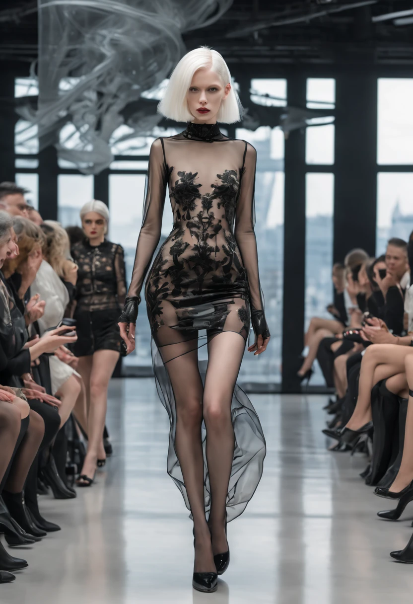 Realistic extremely tall slender and skinny albino woman walking on a fashion show cat walk, touching herself, black extreme high-heels, black pantyhose, long neck, short white hair, bob hairstyle, see-through barely visible black transparent long cyberpunk dress with gothic ornaments, fluffy mini-skirt, long gloves, full body capture, extremely detailed. ((Silk black, completely transparent dress:1.3))