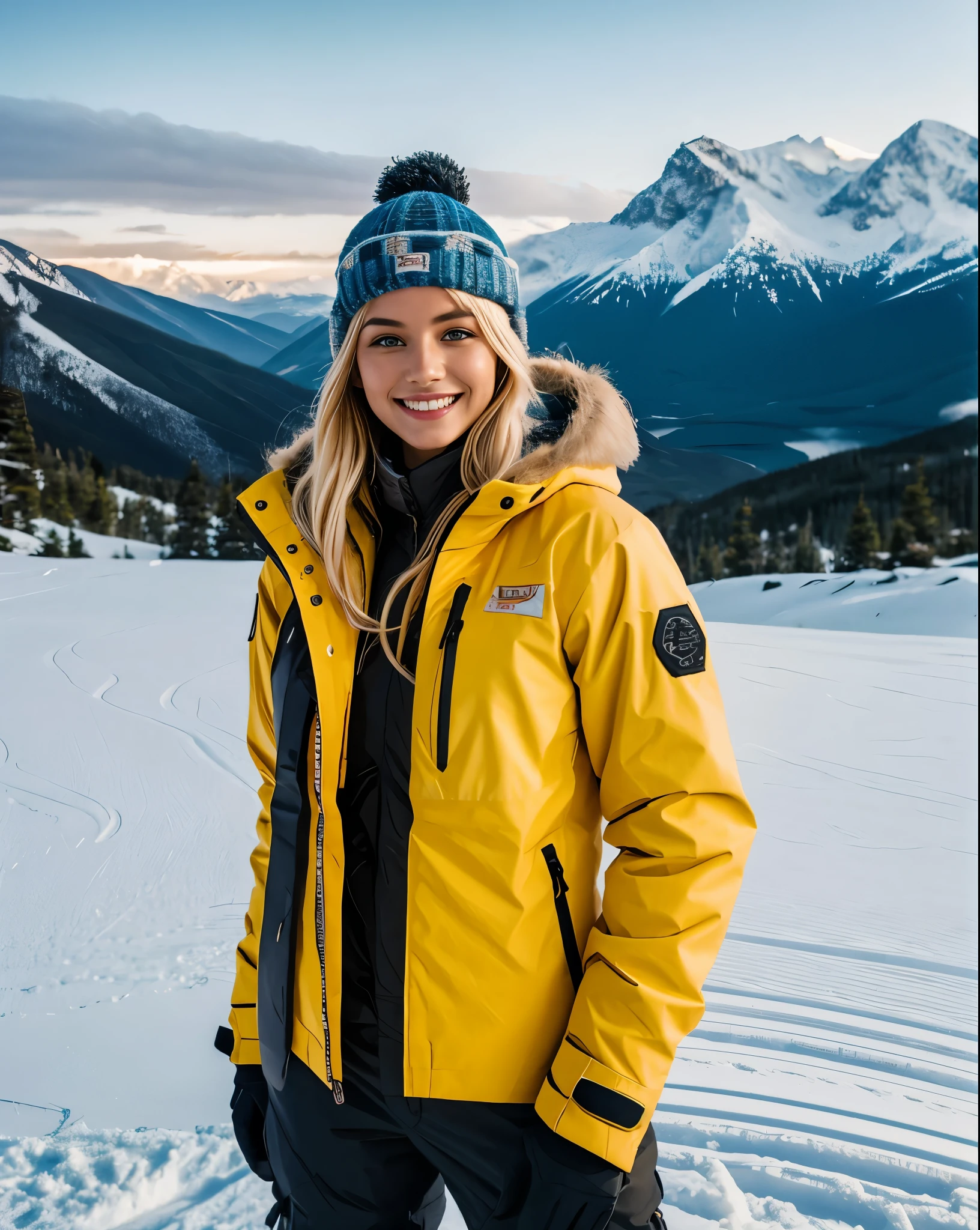 Hasselblad Award Winner, 50mm, photorealistic, a cute finnish girl, slim body, cozy winter jacket and pants ,delicate face, sun glasses, full body shot, deep forest