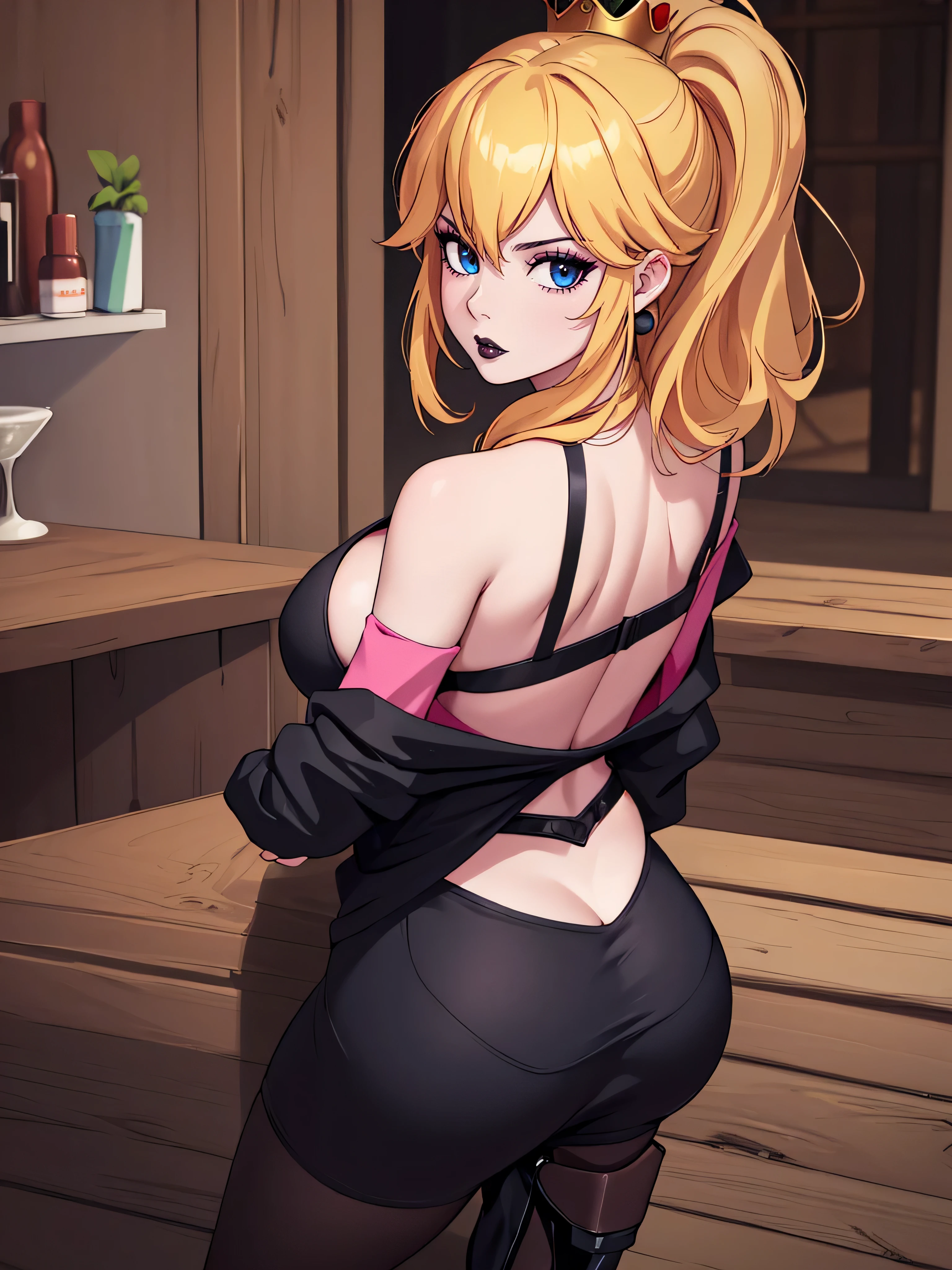 ((high detailed, best quality, 4k, masterpiece, hd:1.3)), ((best quality)), ((HD)), ((8k)), (ultraHD), log cabin, bonfire, Christmas Tree, X-Mas tree, Princess Peach with christmas gifts, BREAK blue eyes, seductive, attractive, smooth anime cg art, 36C breasts, cleavage, long legs, vivid colors, detailed digital art, slim body, perfect skin, blonde hair over one eye, BREAK crown, cleavage, looking at viewer, BREAK looking at viewer, extremely detailed face, pink_T-shirt, pink T-Shirt, black_thong, black_gstring_thong, black thong, earrings, gem, dark black makeup lips, (black high heels), high heels, dark gothic eyeshadows, dark eyeshadows, black eyeshadows, black sexy lips, black lips, (dark:1.2), dark lips, very dark lips, (perfect hands, perfect anatomy), black makeup, black lips, detailed fingers, five fingers per hand, 5 fingers, (1 girl), (solo:1.3), detailed lips, detailed black lips, black painted lips, gothic painted lips, (breast focus), (breasts out:1.3), (off shoulder:1.1), (((with your back turned:1.5, Looking Back Pose))), ((Looking back)),