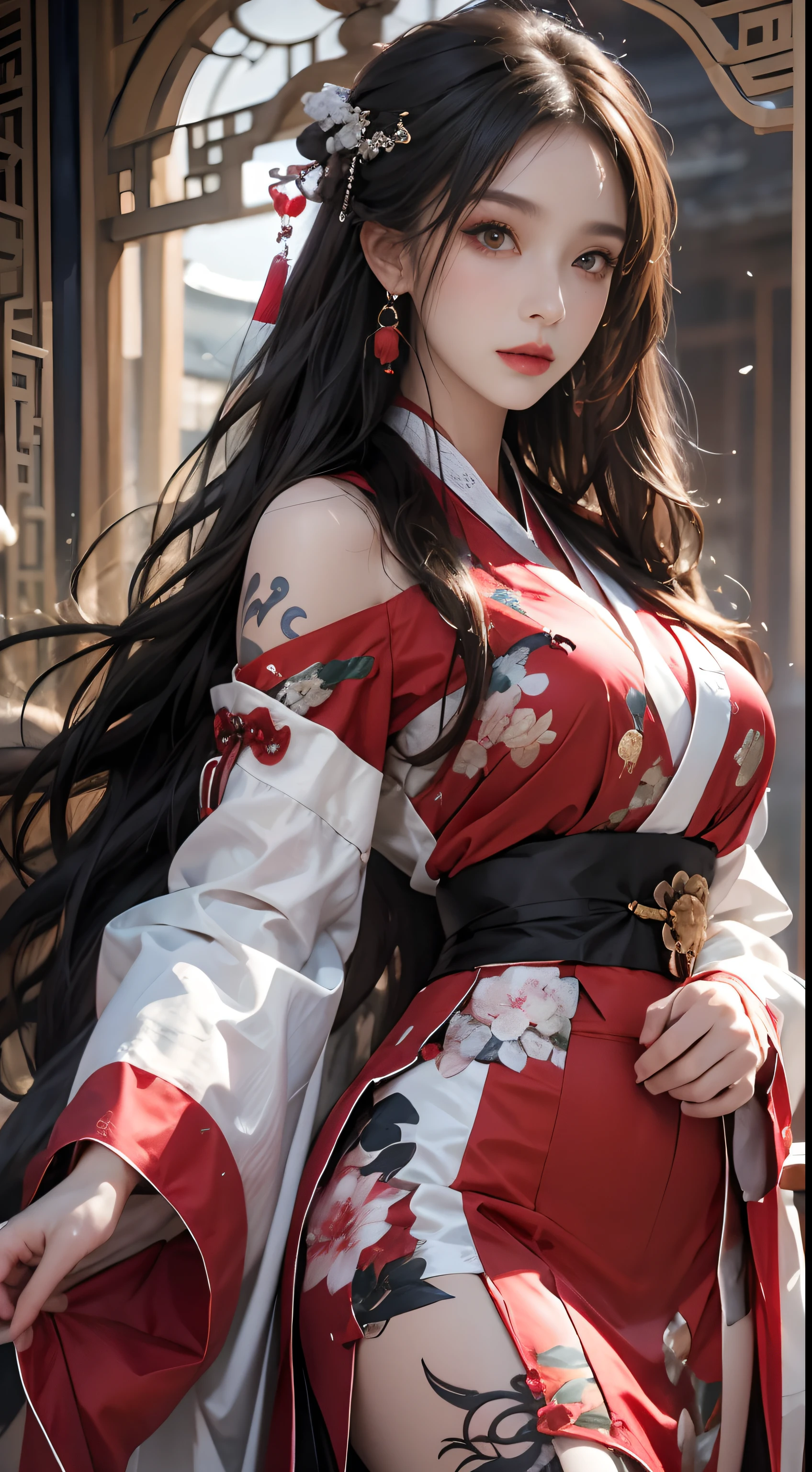 fotorrealista, high resolution, 1 mulher, quadris para cima, Olhos bonitos, cabelos longos, olhos anelados, jewelries, A tatuagem, Hanfu, Fada chinesa, Taoist uniform、quimono