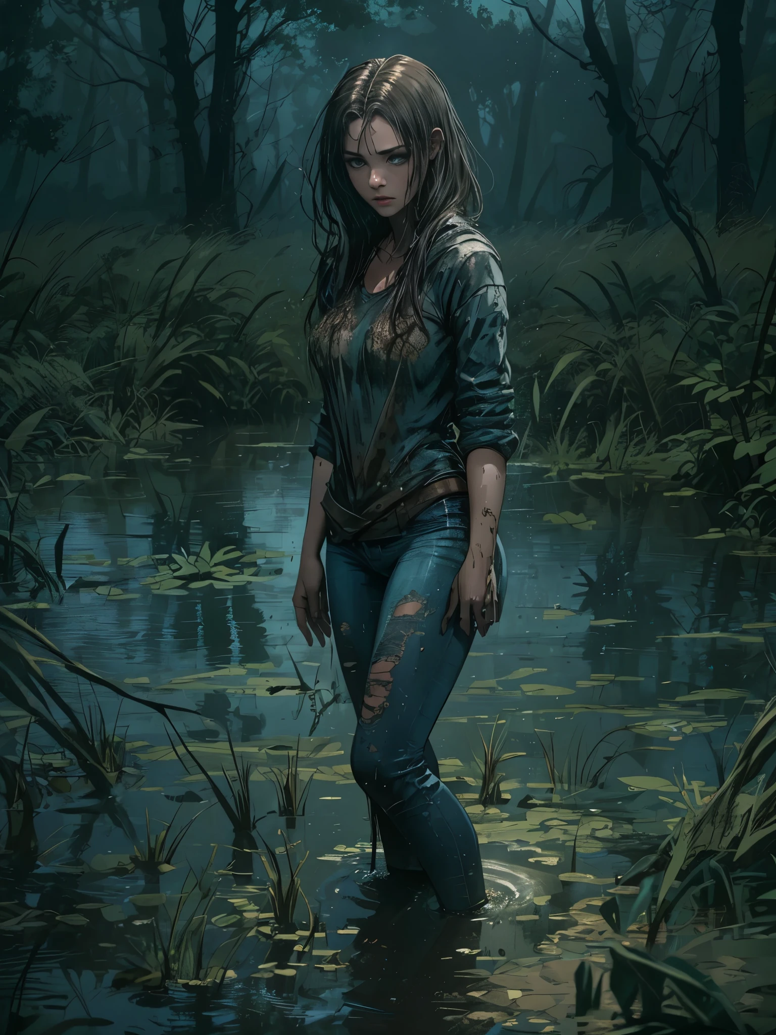 (Best Quality,4k,hight resolution,Realistic),Portrait,The girl plunged into a deep muddy swamp,her jeans are soaked with a thick layer of sticky mud,wild and creepy environment,dark and mysterious,foggy atmosphere,soft-lighting,Vivid colors,Reflection in the swamp,restless and vulnerable