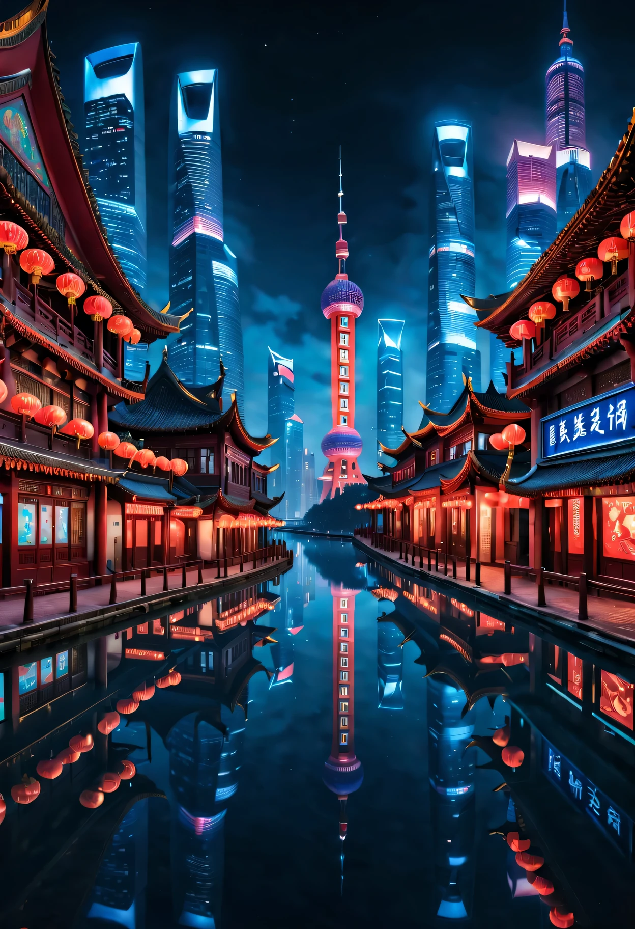 a night view of shanghai's cityscape and beautiful reflection, in the style of dark sky blue and light crimson, vibrant stage backdrops, furaffinity, havencore, acidwave, dark blue and sky blue, webcam photographyr, in the style of brandon woelfel, mesmerizing optical illusions, furaffinity, cloisonnism, night photography,shanghai city skyline with lots of lights at night, in the style of light red and dark azure, mirror rooms, furaffinity, global imagery, havencore, acidwave, cloisonnism,(best quality,4k,8k,highres,masterpiece:1.2),ultra-detailed,(realistic,photorealistic,photo-realistic:1.37),night-time illustration,Shanghai city,Shanghai,beautiful city of the future,beautiful city,chinese new year in Shanghai,city reflection,beautiful cityscape,beautifully lit buildings in the city,hou china,neon-lit city background, background,vibrant city lights,neon cityscape,city light reflections,Beijing,colorful city