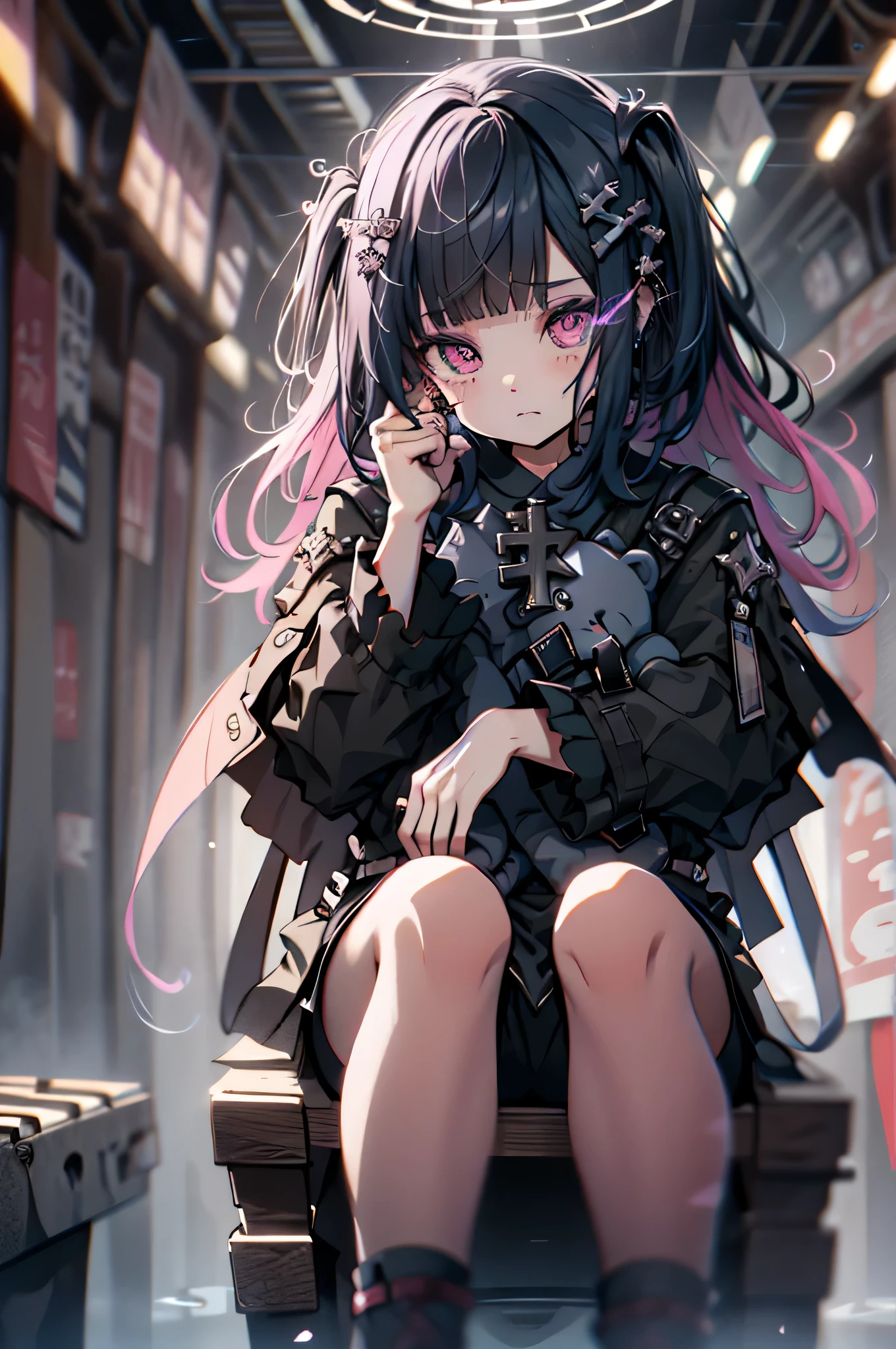aiming at viewer, Have a pistol, pistols, (masterpiece)、(top-quality)、a throne、cross one's legs、Put your hand in your crotch、 makeup, red blush、teddy bears、teddy bears、pistols、aim、A dark-haired、A MILF、long、Blunt bangs、Gothic punk、耳Nipple Ring、Pink and black color、poneyTail、Black Pink Shirt、、Black shorts、Blunt bangs、Photorealsitic, hight resolution, 1 rapariga, Korea person,Electricity from the eyes、air waves、electric current