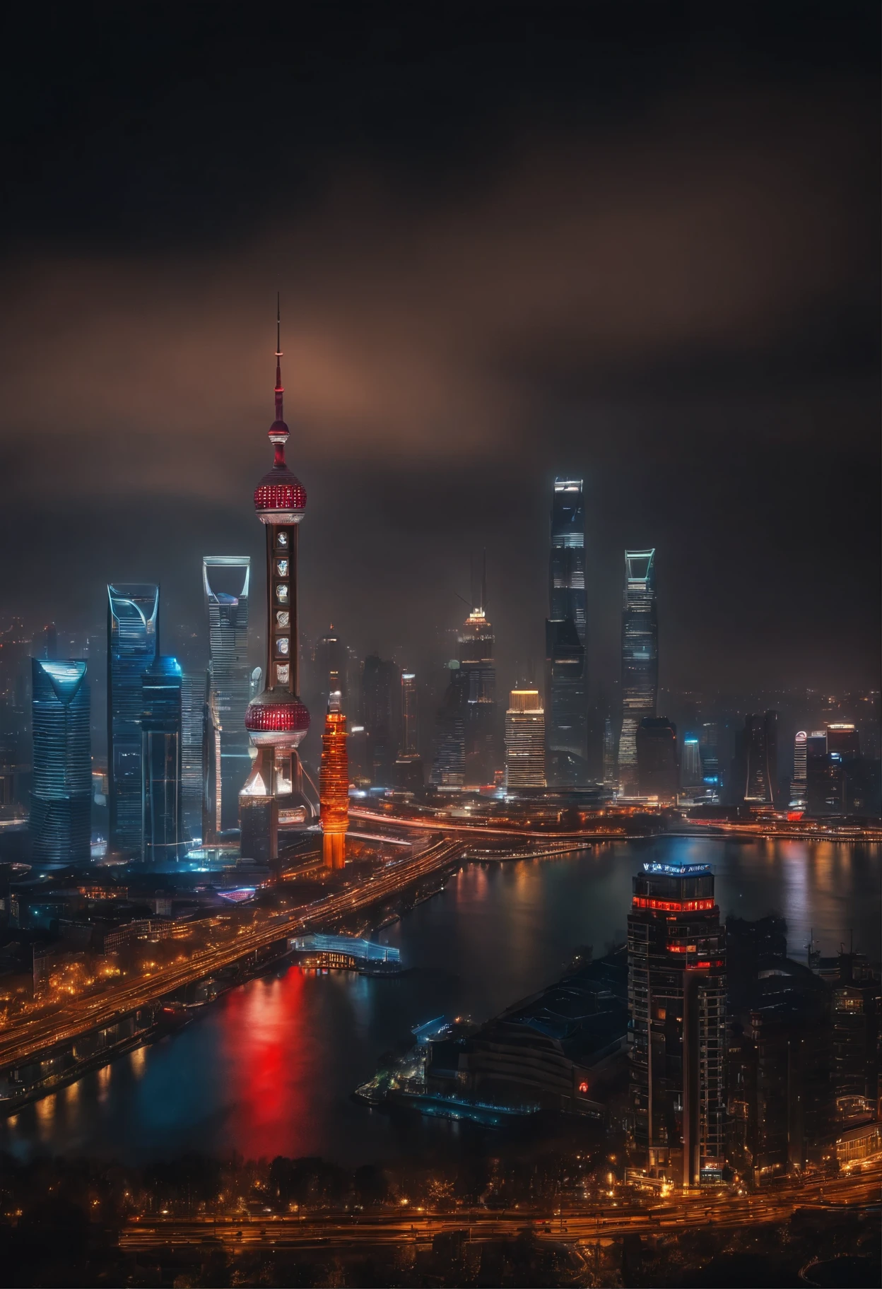a night view of shanghai's cityscape and beautiful reflection, in the style of dark sky blue and light crimson, vibrant stage backdrops, furaffinity, havencore, acidwave, dark blue and sky blue, webcam photographyr, in the style of brandon woelfel, mesmerizing optical illusions, furaffinity, cloisonnism, night photography,shanghai city skyline with lots of lights at night, in the style of light red and dark azure, mirror rooms, furaffinity, global imagery, havencore, acidwave, cloisonnism,(best quality,4k,8k,highres,masterpiece:1.2),ultra-detailed,(realistic,photorealistic,photo-realistic:1.37),night-time illustration,Shanghai city,Shanghai,beautiful city of the future,beautiful city,chinese new year in Shanghai,city reflection,beautiful cityscape,beautifully lit buildings in the city,hou china,neon-lit city background, background,vibrant city lights,neon cityscape,city light reflections,Beijing,colorful city