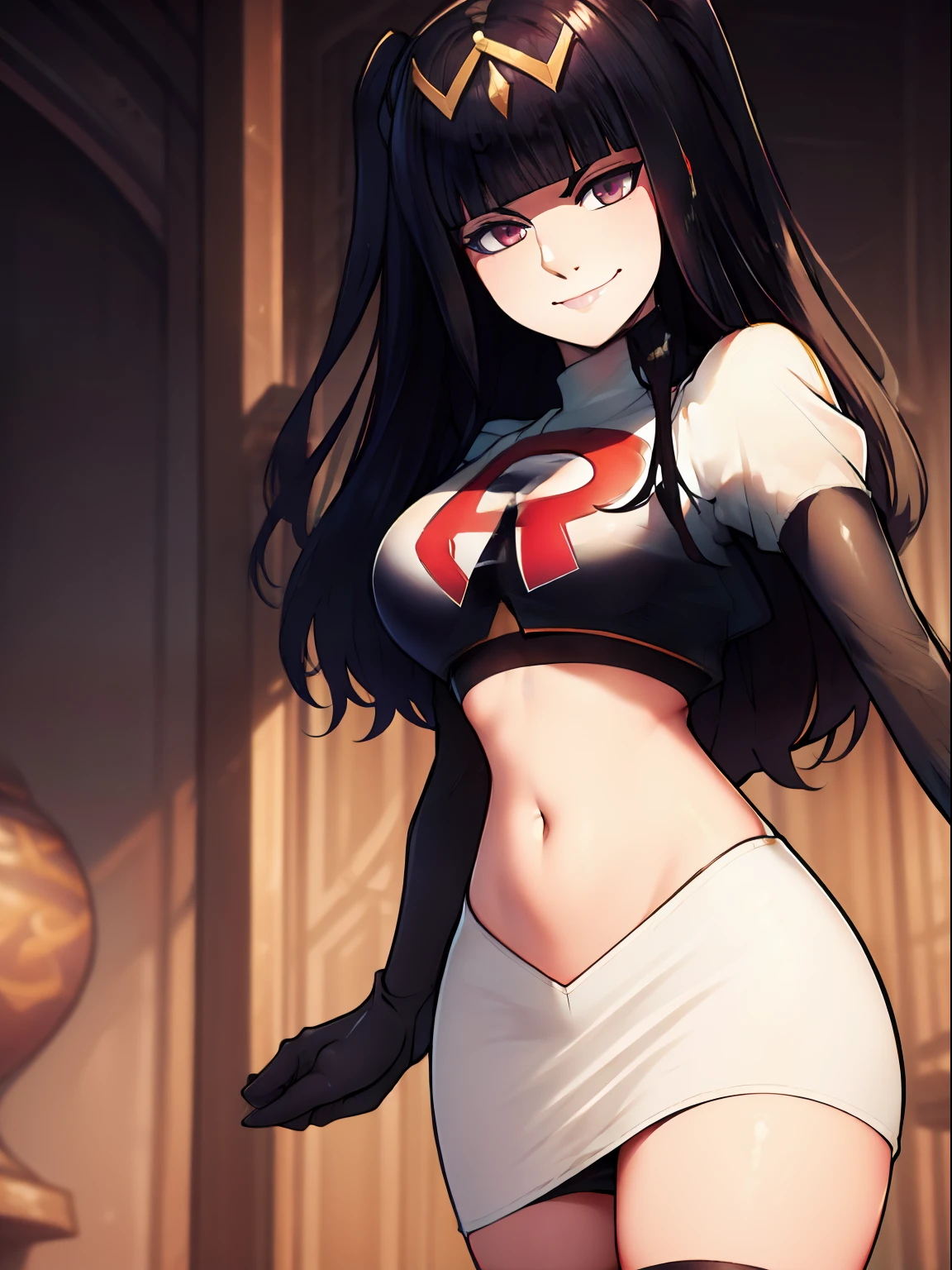 tharja, team rocket, team rocket uniform, red letter R, white skirt, white crop top, black thigh-high boots, black elbow gloves, looking at viewer, evil smile