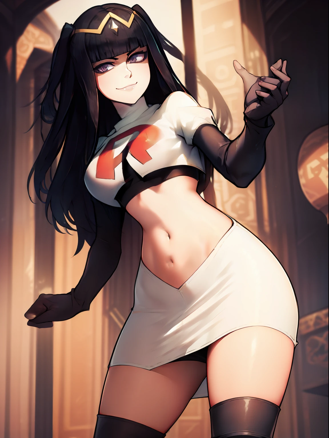 tharja, team rocket, team rocket uniform, red letter R, white skirt, white crop top, black thigh-high boots, black elbow gloves, looking at viewer, evil smile