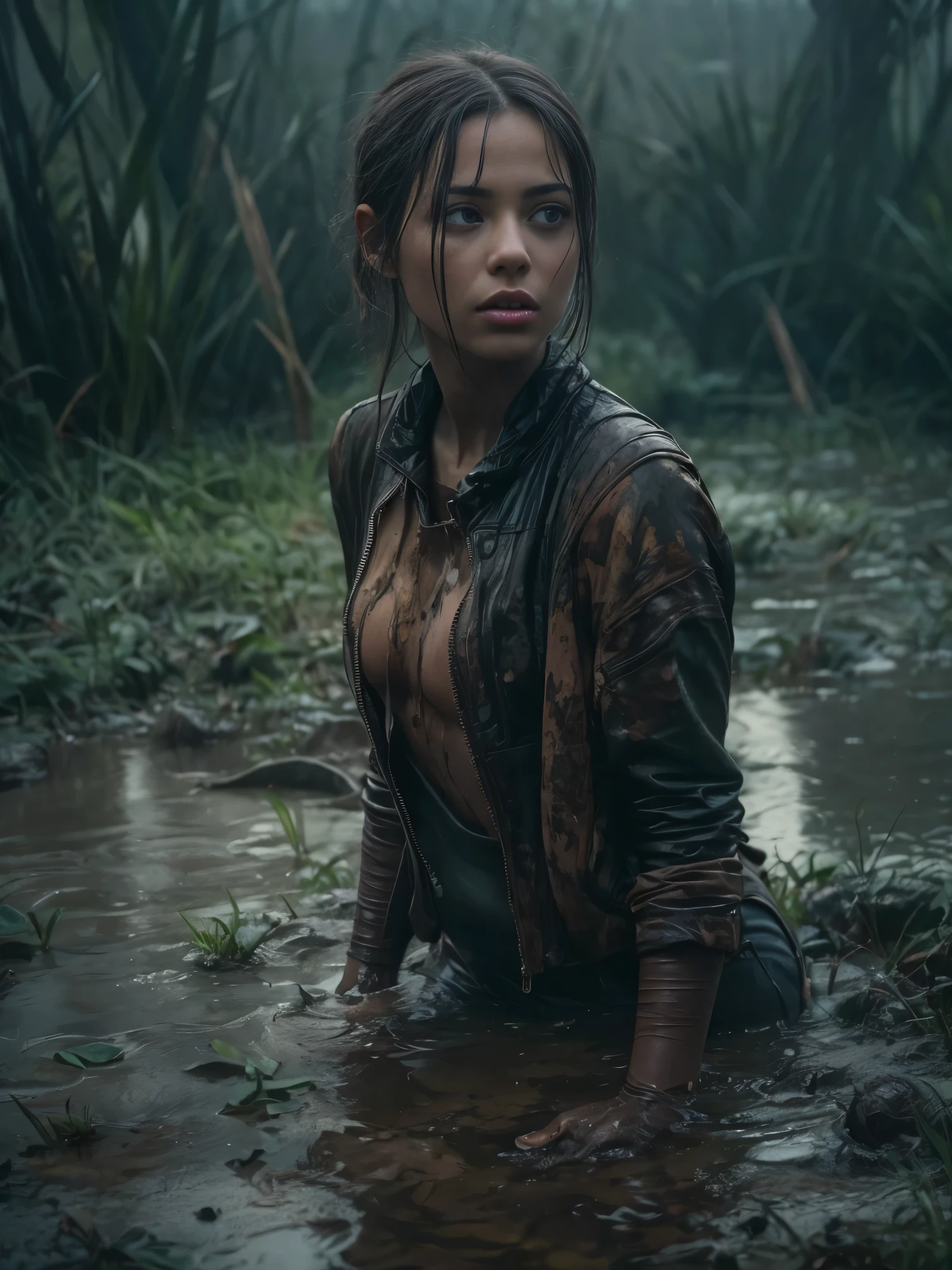 (Best Quality,4k,hight resolution,Realistic),Portrait,The girl plunged into a deep muddy swamp,her jeans are soaked with a thick layer of sticky mud,wild and creepy environment,dark and mysterious,foggy atmosphere,soft-lighting,Vivid colors,Reflection in the swamp,restless and vulnerable