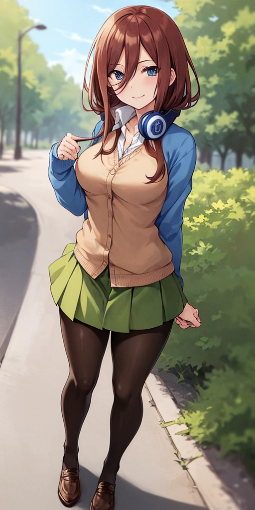 2d, masterpiece, best quality, anime, highly detailed, 1girl, solo, cowboy shot, nakano miku, brown hair, hair between eyes, blue cardigan, headphones, pantyhose, collared shirt, green skirt, miniskirt, medium breasts, standing, school, outdoors, smile