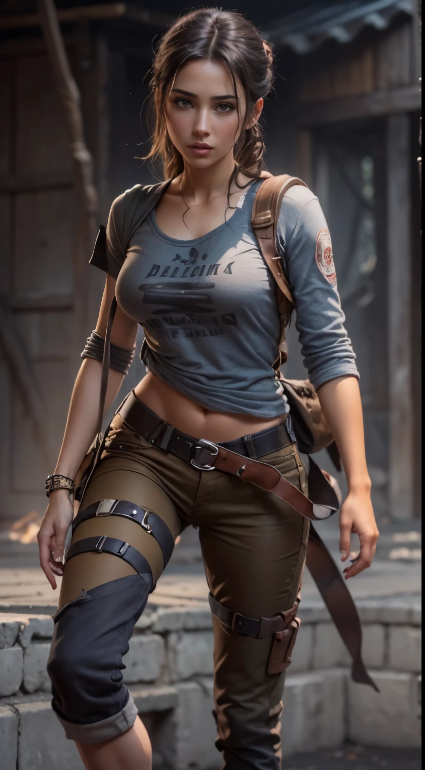 gwen tennyson,tracer,rebecca chambers,lara croft,resident evil,green eyes,garter belt,teenager,short hair, orange hair,river,shy smile,ginger,white see-through leotard,denim micro shorts,striped bra,freckles,beautiful girl,wet clothes,thigh high boots, top-quality,large breasts,ultra detailed, realistic,