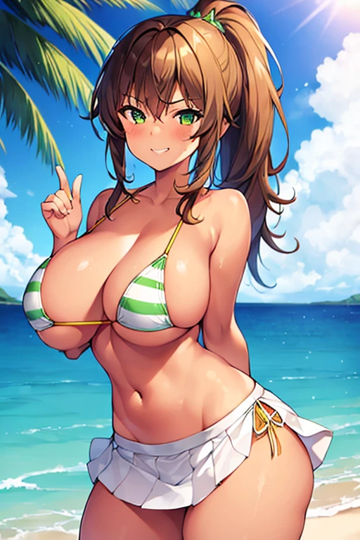 1girl, tan skin, tan body, breasts, large breasts, thick thighs, wide hips, brown hair, green eyes, bikini, white bikini, green stripes, striped bikini, skirt, miniskirt, ((miniskirt)), skirt bikini, ponytail, striped, smile, smirk, smug, spiked hair, ((spiked hair)), nsfw, ((nsfw)),