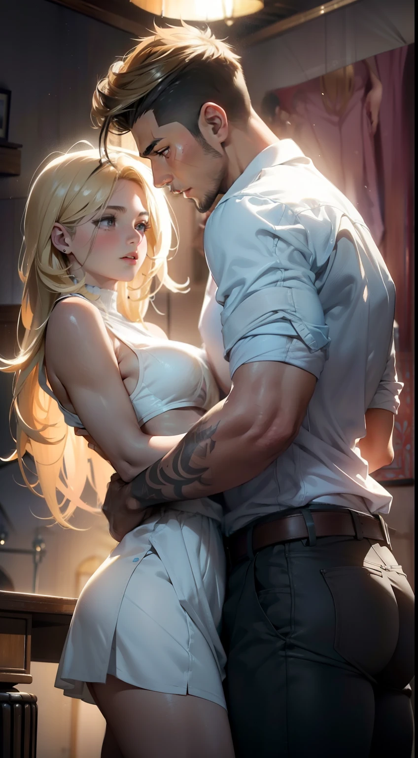 1boy, 1girl, boy fucks girl on the table, missionary position, (a Realistic scene of a boy and a girl in сексуальный moment) (Best Quality, hight resolution:1.2), Ultra-detailed, (Realistic:1.37), HDR, studio lightning, (Vivid colors:0.9), (bokeh:0.9), (sharp-focus:1.1) (oil painting, Expressive brush strokes, detailed textures) (a guy and a girl have an intimate moment) impassioned (boy with tousled blond hair, Strong facial features, intense gaze) (girl with seductive blond hair, alluring lips, charming ayotes, who are just over twenty) (Boy standing with his pants down) (девушка сидит на a tableе, her legs wrapped around the guy) (the boy and girl impassionedly embracing each other) Ultra-detailed, (Realistic:1.37), HDR, studio lightning, (Vivid colors:0.9), (bokeh:0.9), (sharp-focus:1.1) (oil painting, Expressive brush strokes, detailed textures) (guy and girl have a sexy moment) (impassioned ) (boy with tousled blond hair, Strong facial features, intense gaze) (girl with seductive blond hair, alluring lips, charming ayotes, who are just over twenty) (Boy standing with his pants down) (девушка сидит на a tableе, her legs wrapped around the guy) (the boy and girl impassionedlembracing each other) (a table, covered with a white tablecloth) (The room was filled with warmth, Golden light) (vibe, filled with desire and anticipation) (Romantic background music plays quietly.) (sense of spontaneity and passion in body language) (attention to the small details of your clothing and surroundings) (short skirt on a girl, exposing her beautiful legs) (whispered words of love and longing) ( and intimate facial expression) (their connection is revealed through intense eye contact) (side-view, demonstration of depth, nsfw