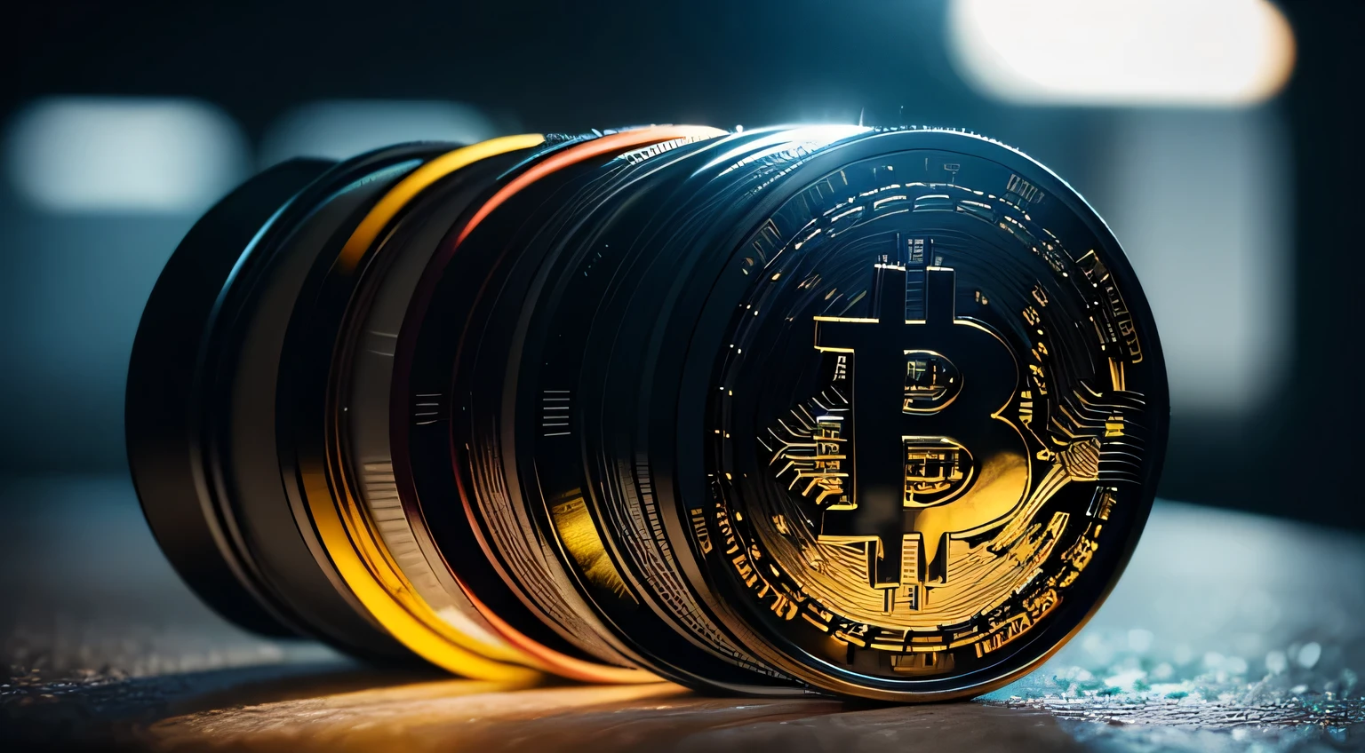 colorful bitcoins, shinny, moody light, front view, 50mm lens, dynamic lighting, high details, high quality, realistic, sharp focus, professional photography,