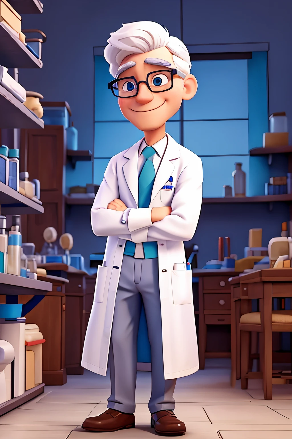 a disney illustration of a surgeon doctor with white hair and glasses in his lab coat with his arms crossed and a friendly smile