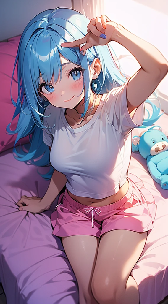 masterpiece, best quality, highly detailed, a girl lying in bed, pink panties, white tee shirt, bare breasts, smiling, blue hair, 80s, neon, synthwave