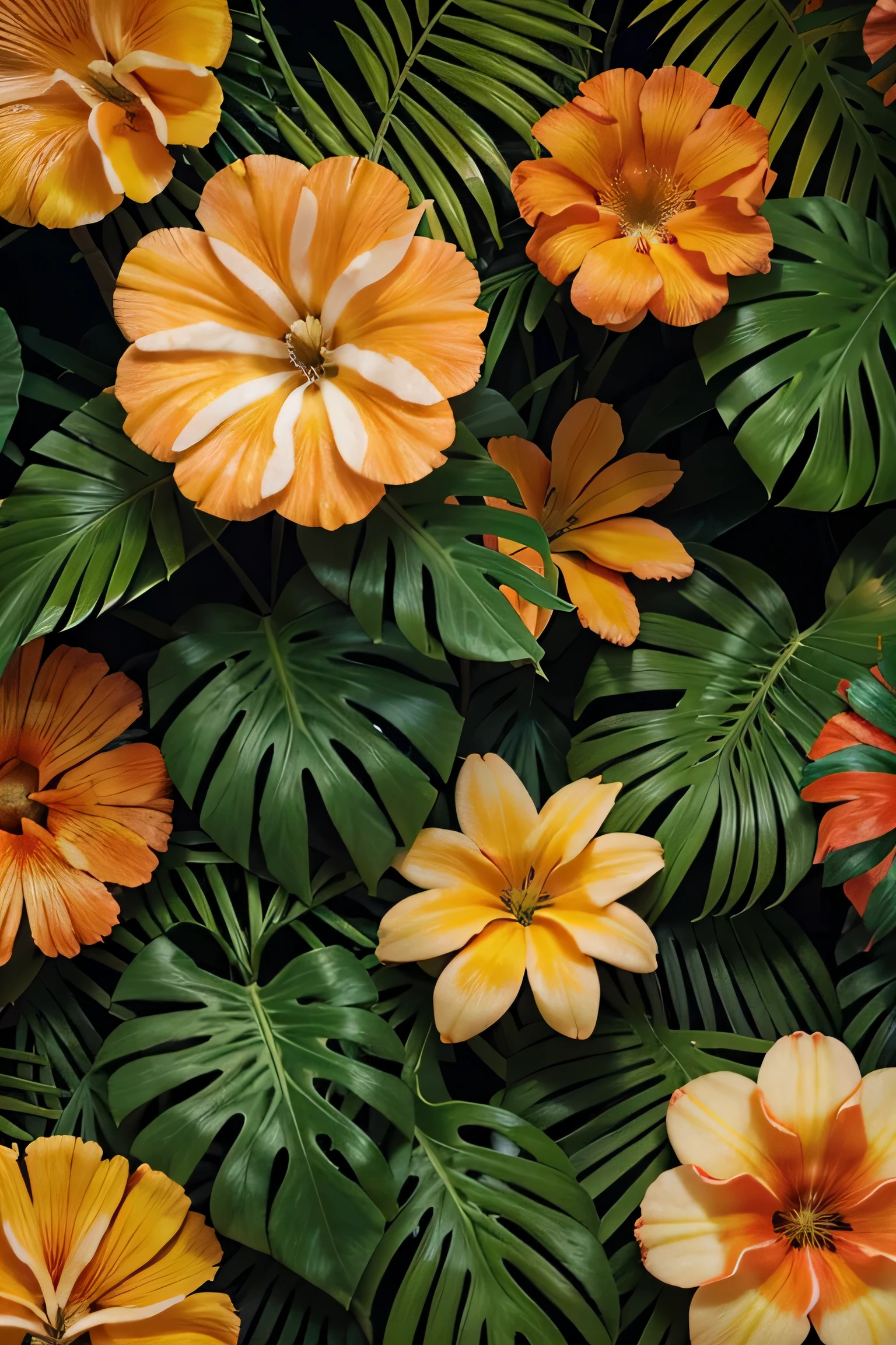 fundo floral tropical com plantas e flores tropicais coloridas, with a central tree in the live image, estilo de papel de parede de arte, high resolution image.