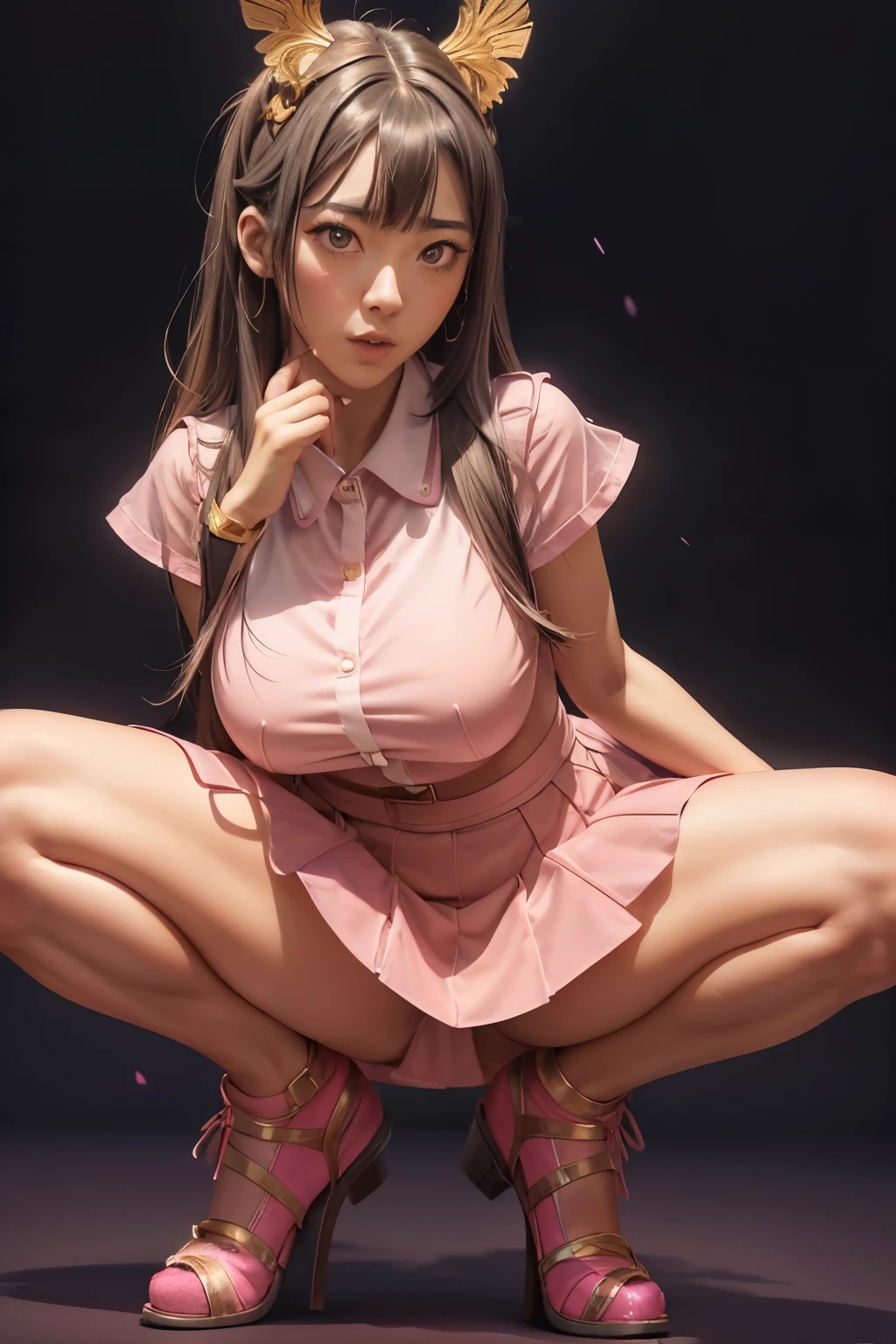 Full body photo of e7 MLuna, squatting, legs spread, (wearing Pink schoolgirl uniform)(high waist skirt)(Pink shirt) blush,shiny_skin, Massive breasts, deep cleavage, perfect breasts,Hourglass Body,Thin waist (Intricate, High Detail,Perfect lighting,perfect shadows, dramatic)(realistic:1)(beautiful face,detailed skin,detailed eyes:1)(realistic pupils,realistic iris:1) (gradient_background)