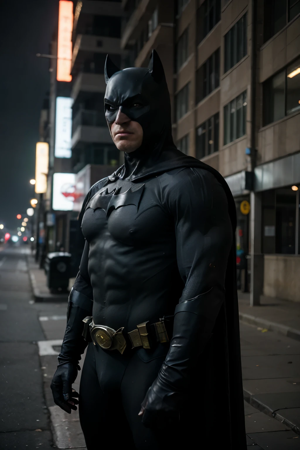 Mid-shot, professional photography. Batman as a rugged, battle-worn, gritty, aged man. He is muscularly fat and bulky. He is wearing an iconic bat-suit with the classic bat symbol on his chest. The symbol is bold, but weathered. His has an imposing scowl expression. He is on the streets of Gotham on a dark, misty, and dreary night. City lights in the background.