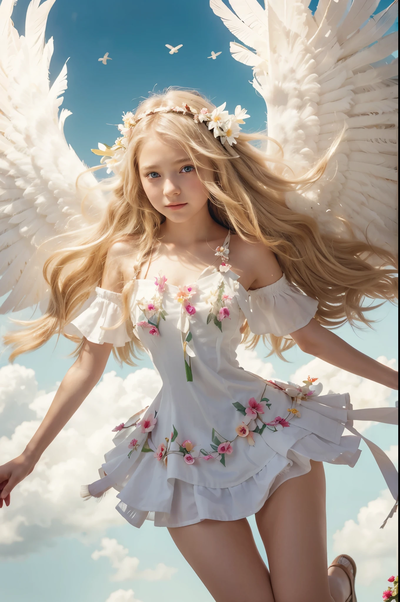 12 years old beautiful angel girl, long blonde hair, flowers on her head, red eyes, wearing white flowery dress, cute looking, having magical feather wings, flying in the sky, clouds, nice looking.