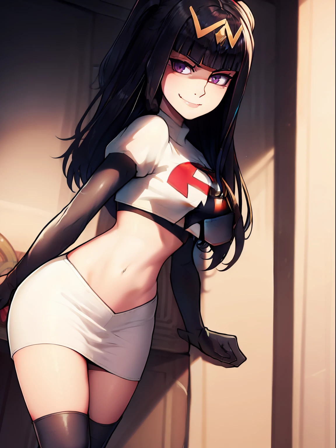 tharja, team rocket, team rocket uniform, red letter R, white skirt, white crop top, black thigh-high boots, black elbow gloves, looking at viewer, evil smile