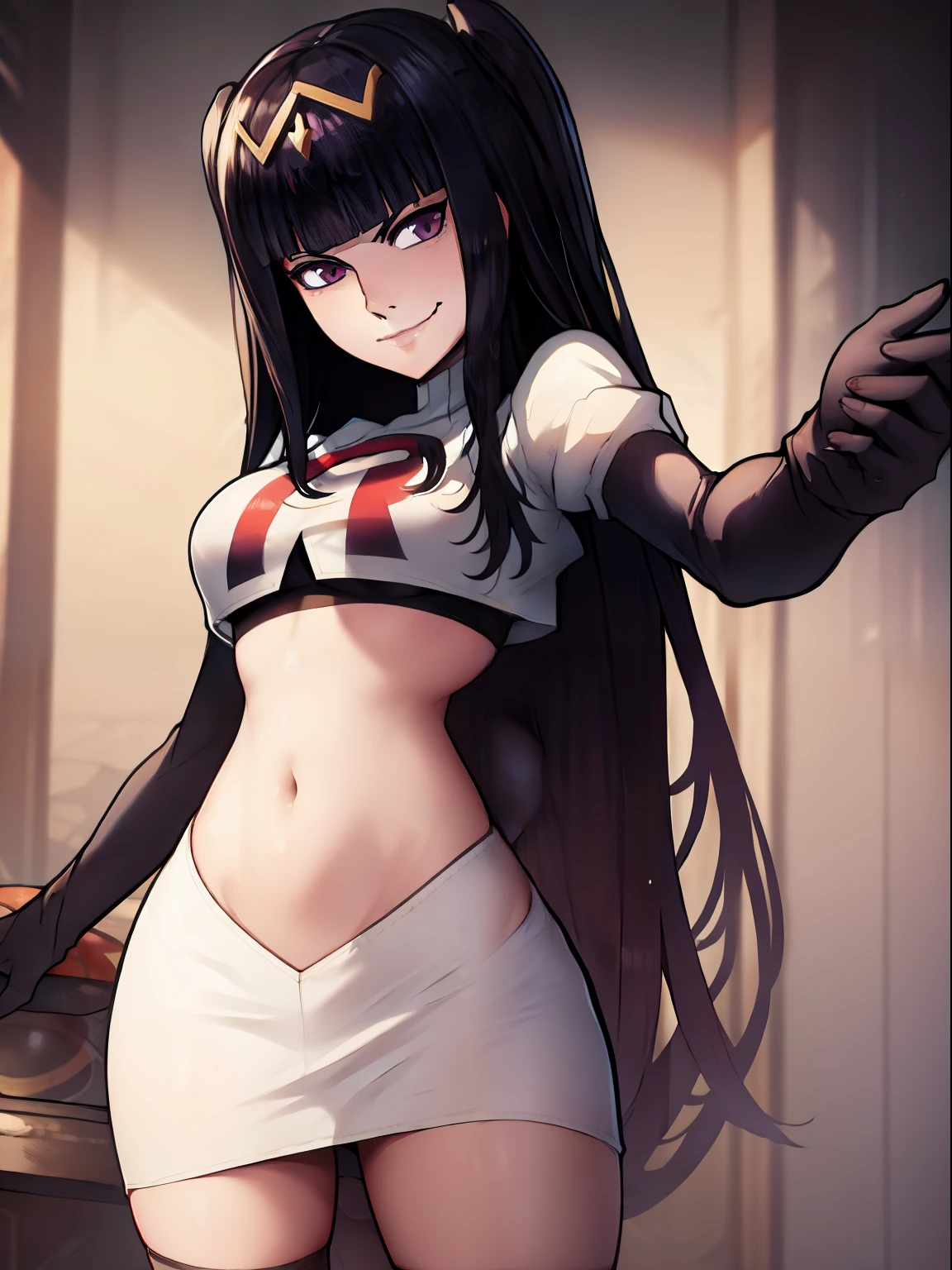 tharja, team rocket, team rocket uniform, red letter R, white skirt, white crop top, black thigh-high boots, black elbow gloves, looking at viewer, evil smile