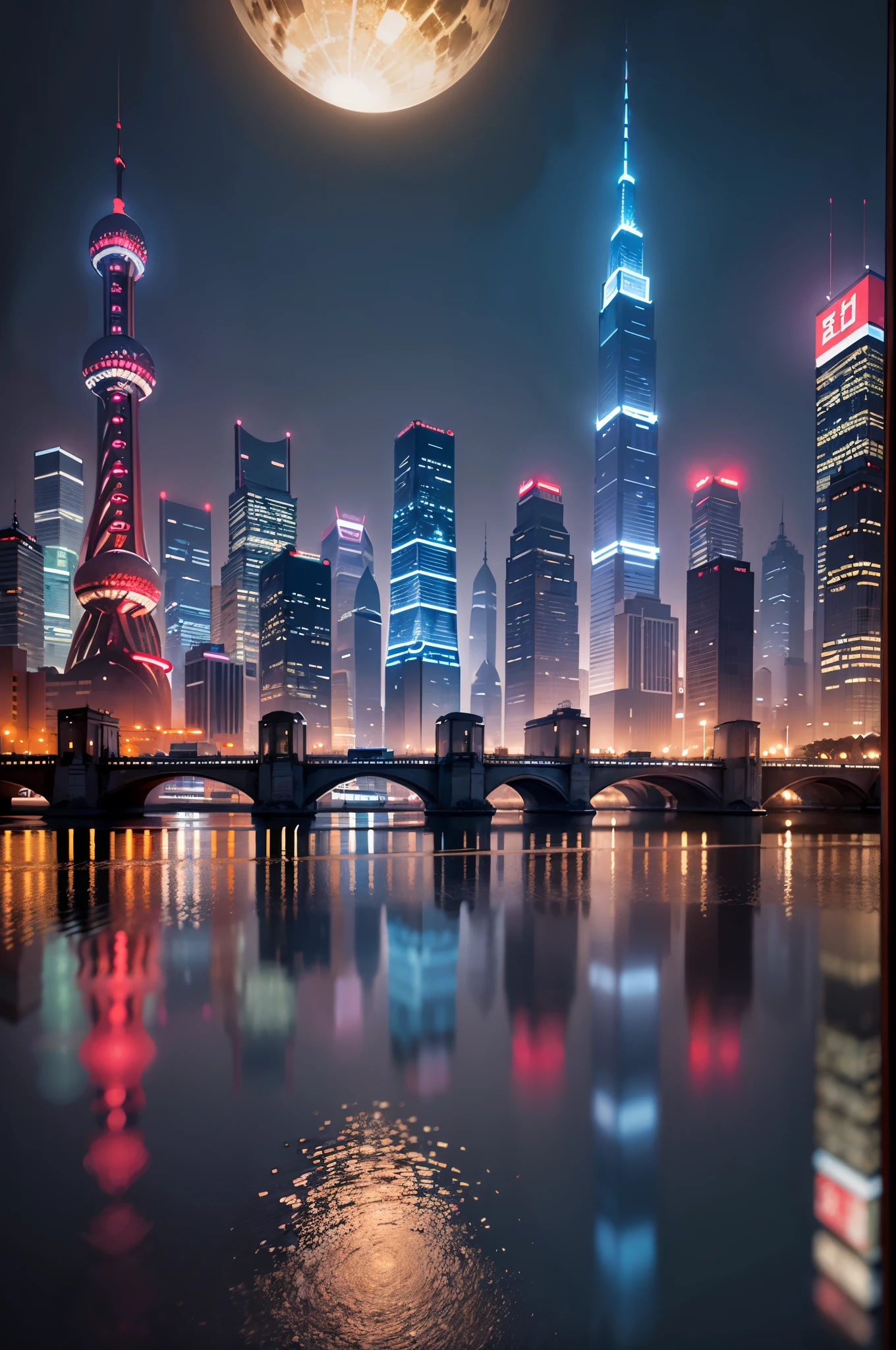 a night view of shanghai's cityscape and beautiful reflection, in the style of dark sky blue and light crimson, vibrant stage backdrops, furaffinity, havencore, acidwave, dark blue and sky blue, webcam photographyr, in the style of brandon woelfel, mesmerizing optical illusions, furaffinity, cloisonnism, night photography,shanghai city skyline with lots of lights at night, in the style of light red and dark azure, mirror rooms, furaffinity, global imagery, havencore, acidwave, cloisonnism,(best quality,4k,8k,highres,masterpiece:1.2),ultra-detailed,(realistic,photorealistic,photo-realistic:1.37),night-time illustration,Shanghai city,Shanghai,beautiful city of the future,beautiful city,chinese new year in Shanghai,city reflection,beautiful cityscape,beautifully lit buildings in the city,hou china,neon-lit city background, background,vibrant city lights,neon cityscape,city light reflections,Beijing,colorful city